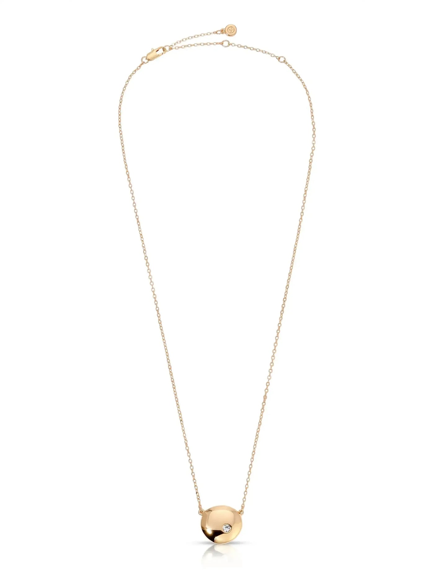 A delicate gold necklace features a round pendant with a small embedded diamond. It hangs from a fine, linked chain and is set against a neutral background, highlighting its elegance.