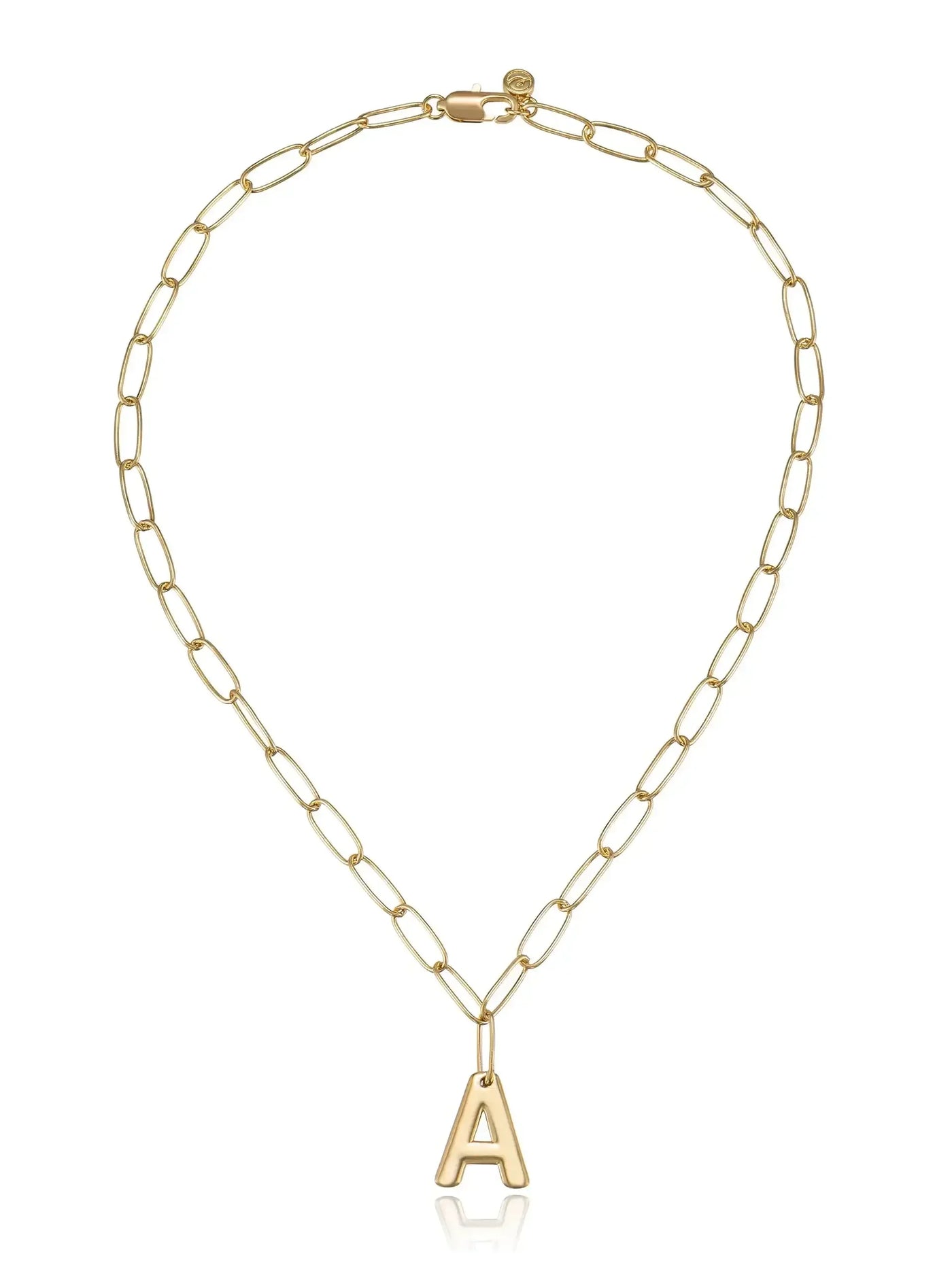 A gold chain necklace features elongated links with a prominent letter "A" pendant hanging from the center, designed for personal or stylish adornment.