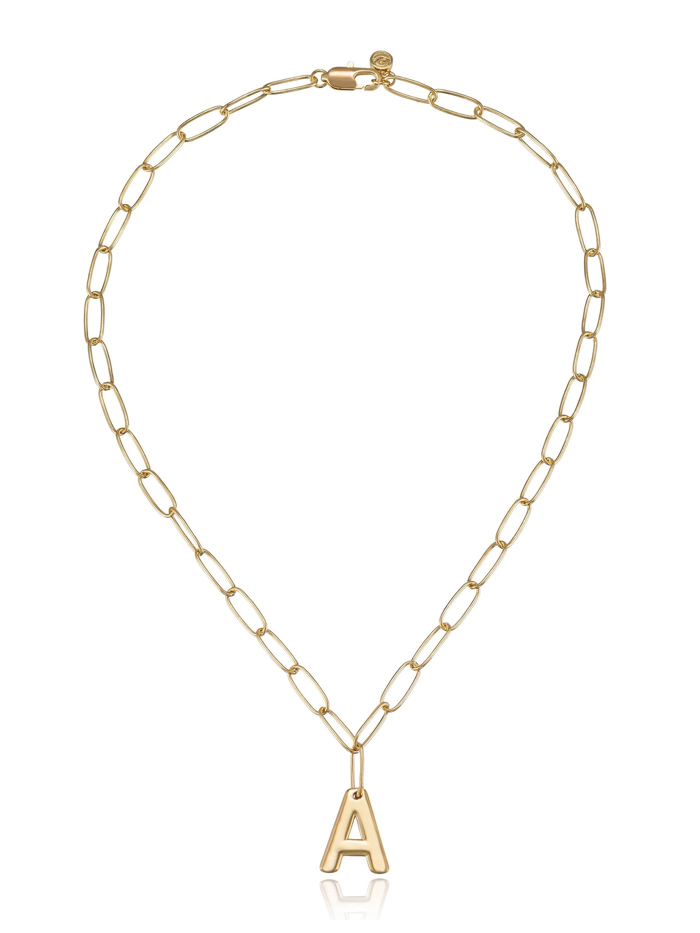 A gold chain necklace features elongated links with a prominent letter "A" pendant hanging from the center, designed for personal or stylish adornment.