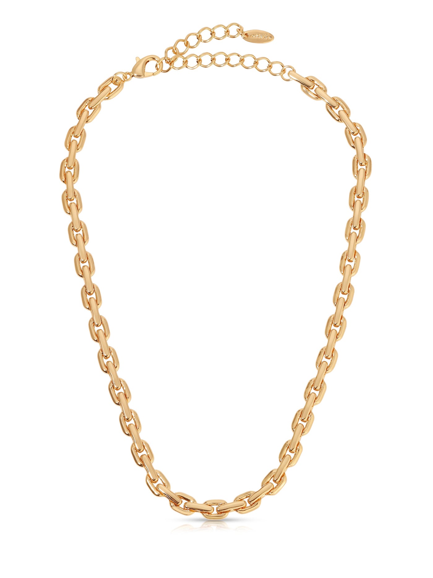 A gold chain necklace features elongated links, displaying a polished finish. It's designed to adorn the neck, with a clasp and adjustable chain for customizable length.