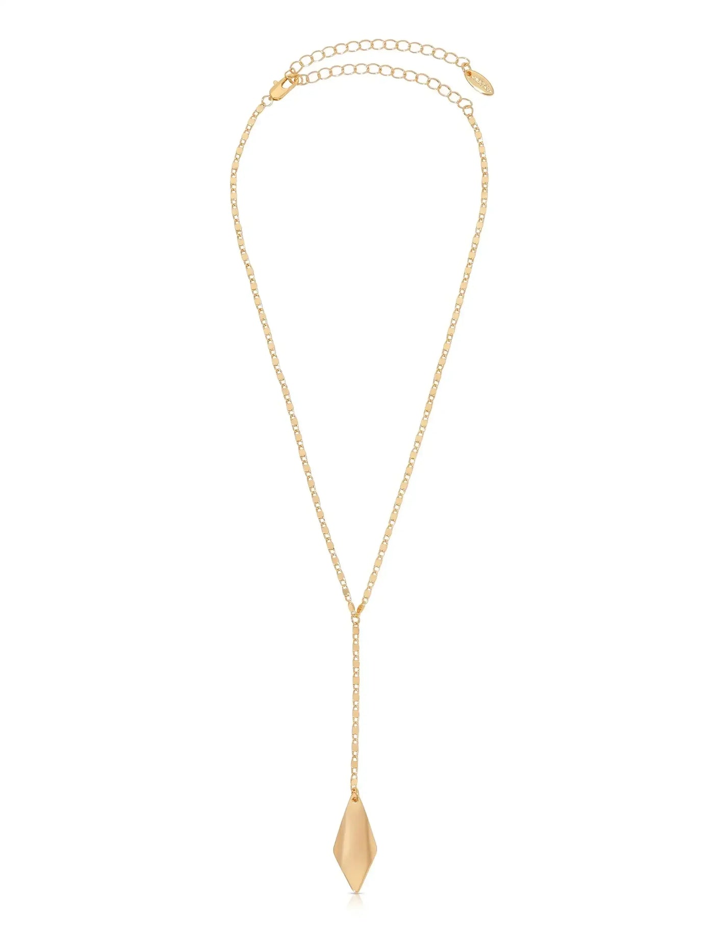 A gold necklace features a delicate chain with a pendant that has a geometric, elongated shape, hanging in the center. The background is plain white, emphasizing the jewelry.