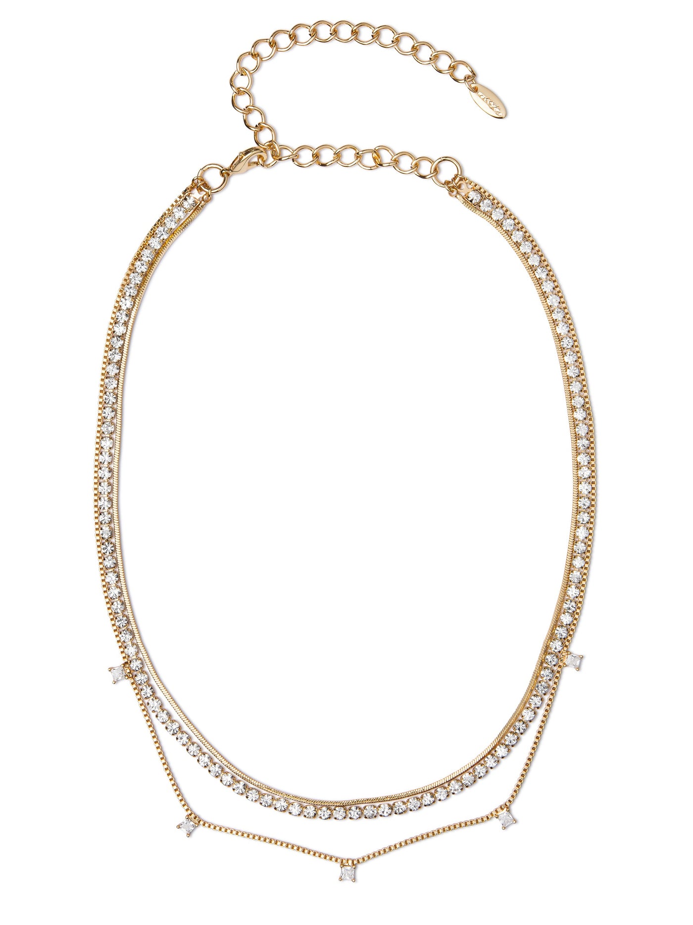 A gold necklace with multiple strands and sparkling rhinestones is displayed, featuring an adjustable chain for fastening. The necklace showcases intricate design elements that enhance its elegance and shine.