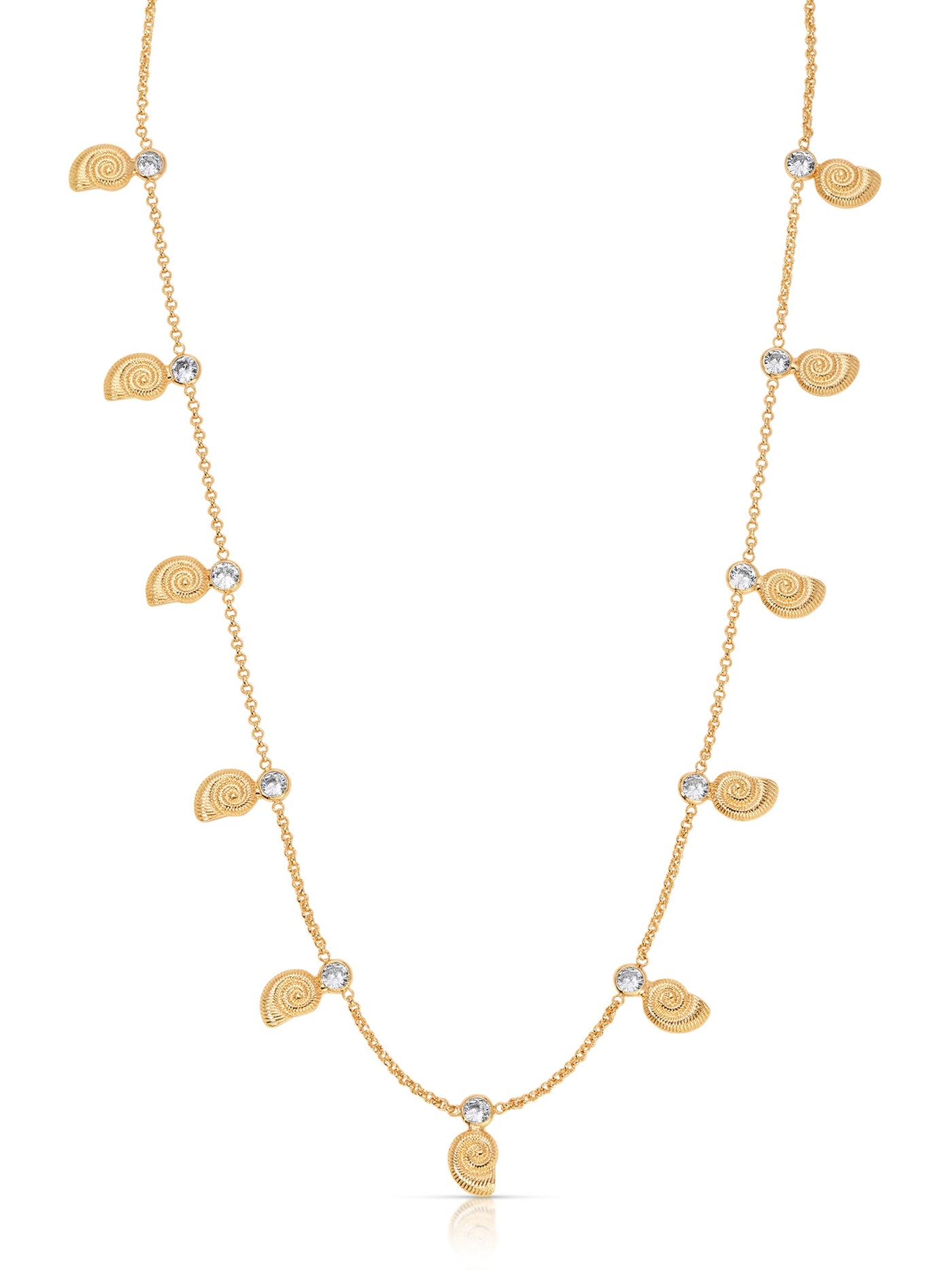 A gold necklace features small spiral shell pendants alternating with round, sparkling stones, elegantly hanging in a delicate chain, showcasing a fashionable beach-inspired design.