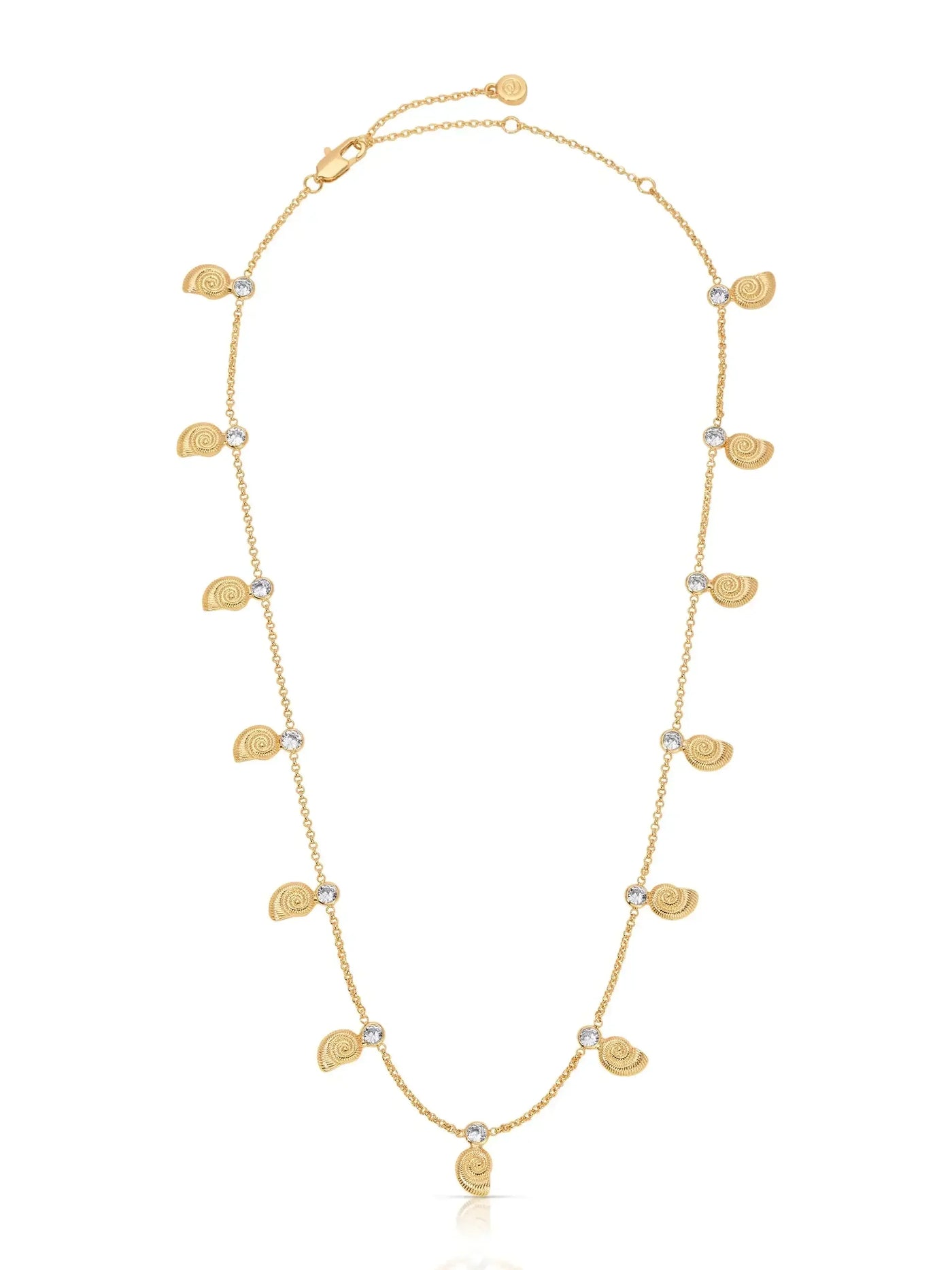 A delicate gold necklace features intertwined spiral-shaped pendants and sparkling stones. It hangs elegantly against a smooth background, highlighting its intricate design and shimmering details.