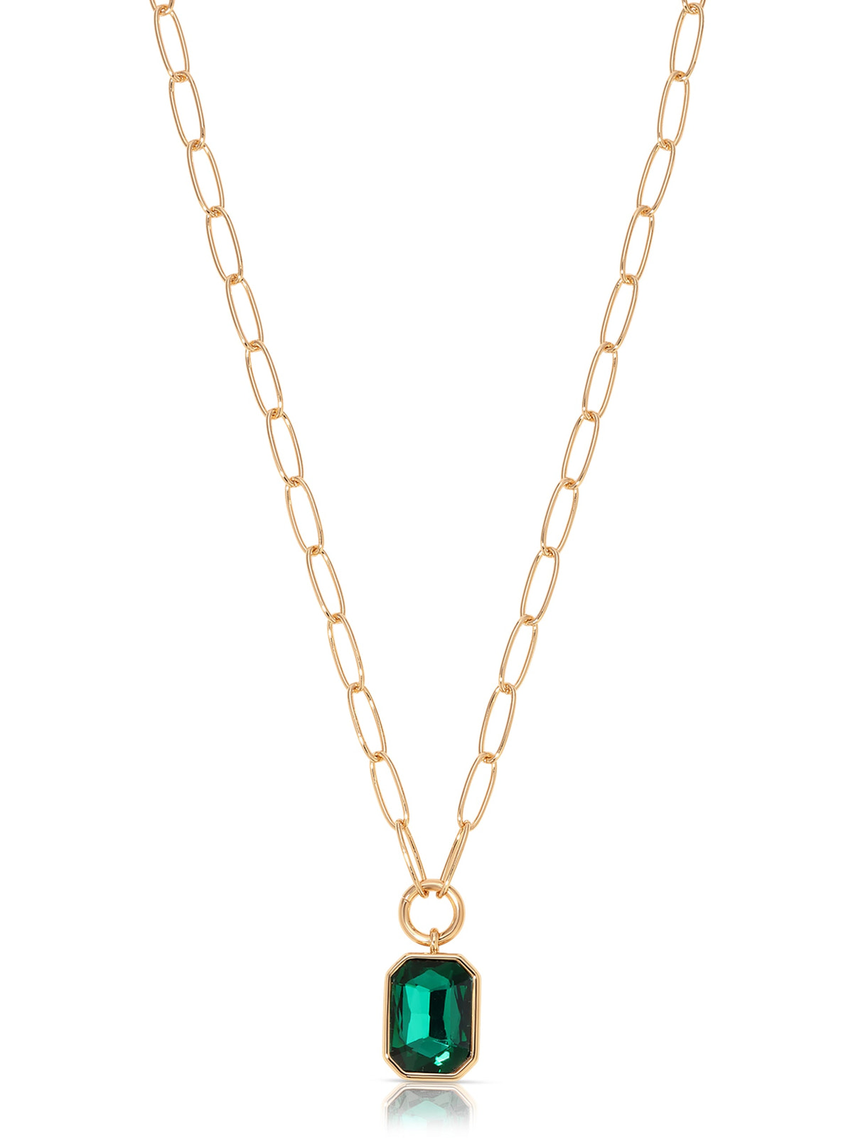 Deco Crystal Pendant Necklace in Emerald Crystal with 18k Gold Plating, pendant detail | Lady Black Tie