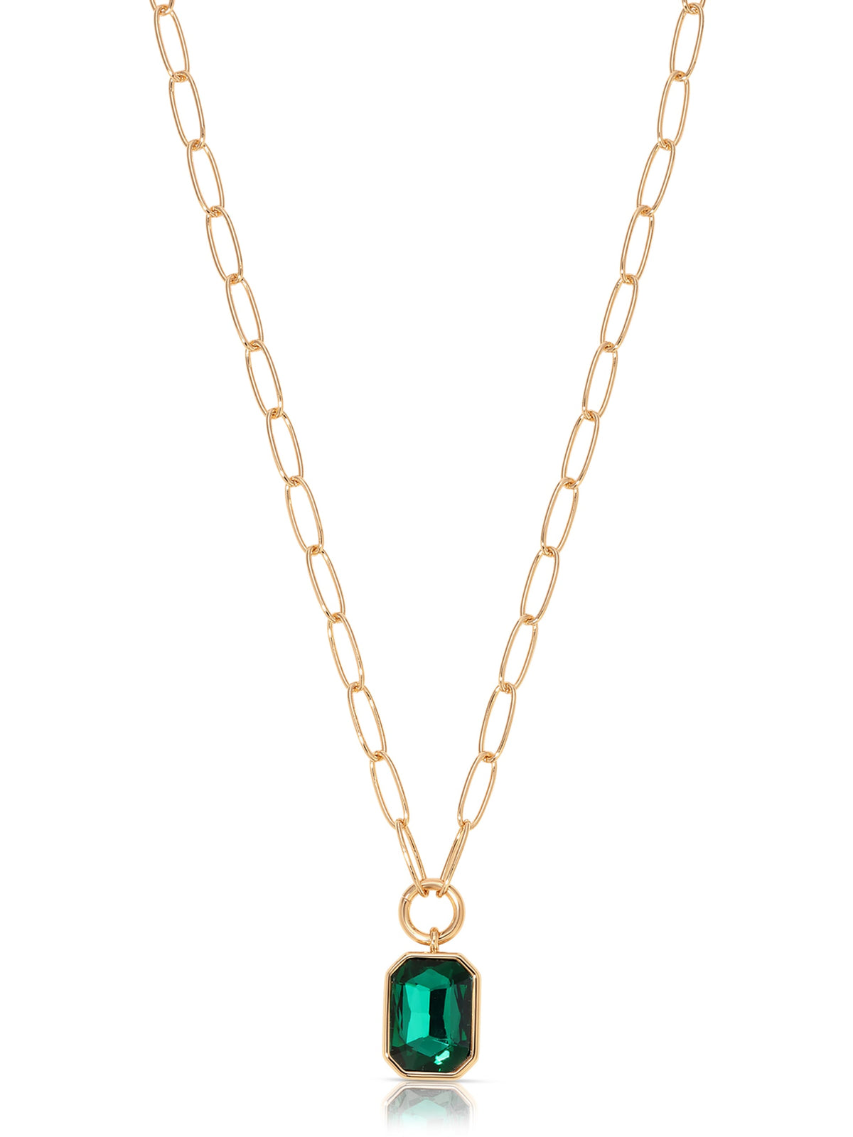 Deco Crystal Pendant Necklace in Emerald Crystal with 18k Gold Plating, pendant detail | Lady Black Tie