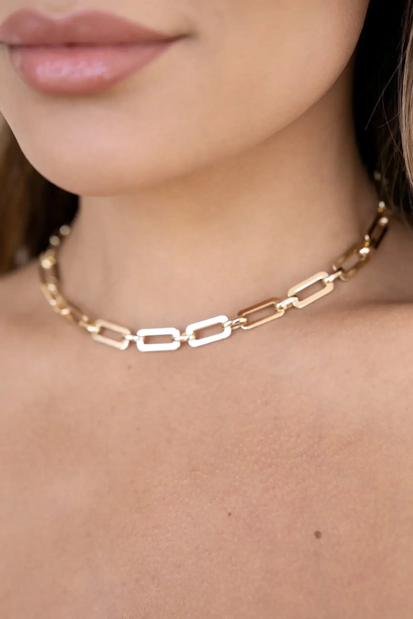 A gold and silver link choker necklace rests on the neckline of a person. Their smooth skin is visible, complementing the jewelry in a soft, neutral background setting.