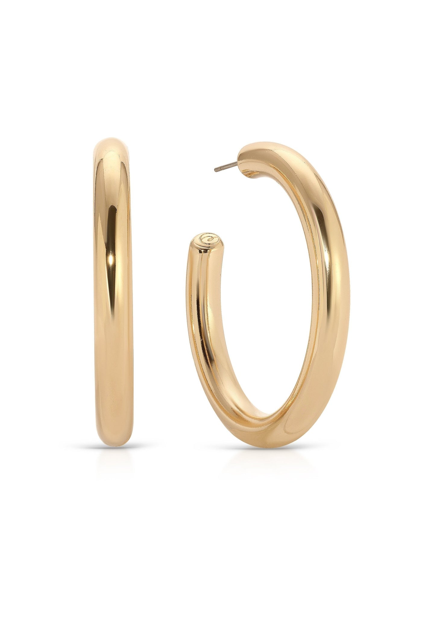 Two gold hoop earrings are displayed side by side, with one oriented horizontally and the other vertically. They have a shiny surface and a smooth, curved design. The background is plain.