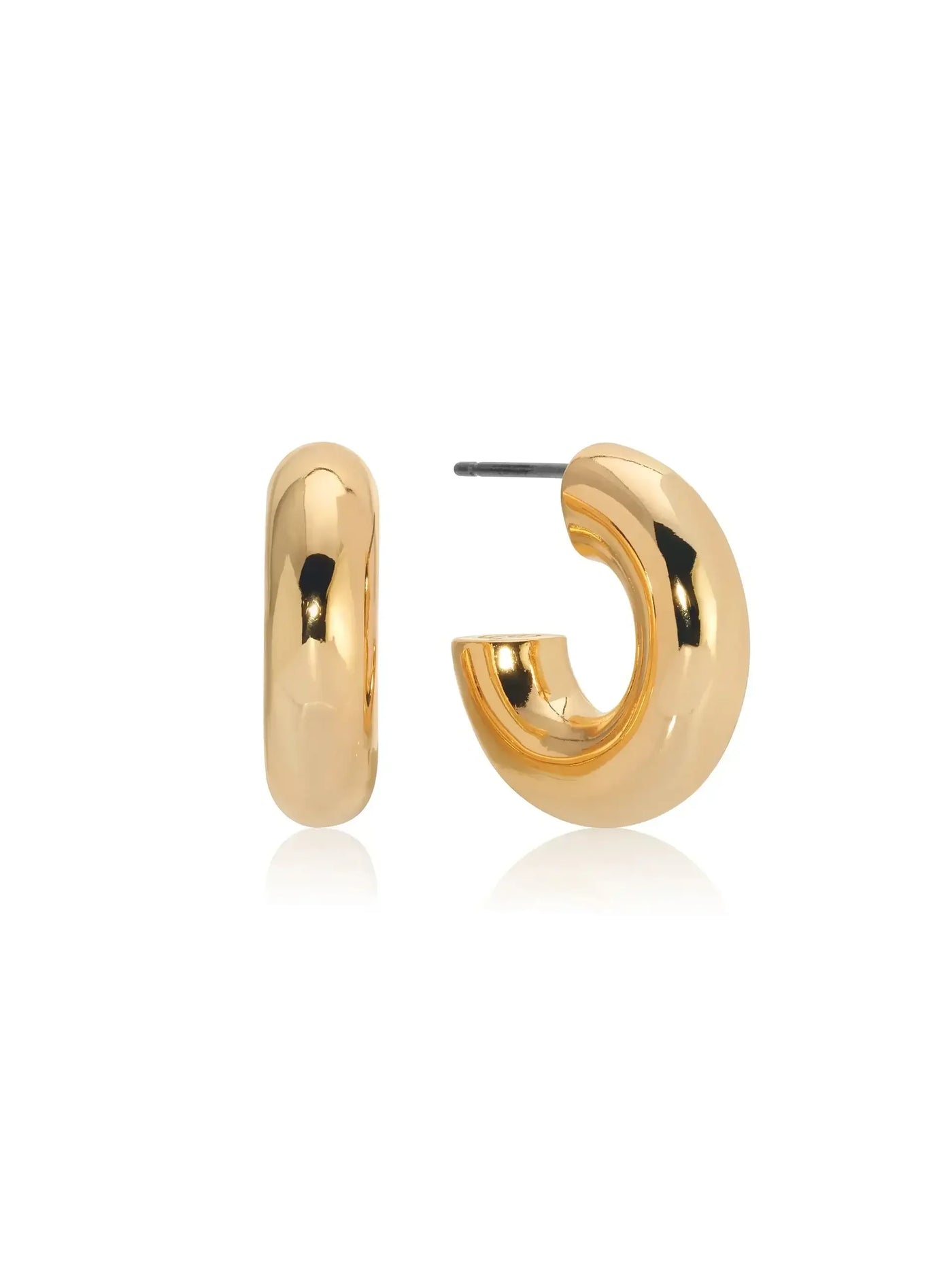 A pair of shiny gold hoop earrings with a smooth, curved design sits side by side on a reflective surface, emphasizing their polished finish and contemporary style.