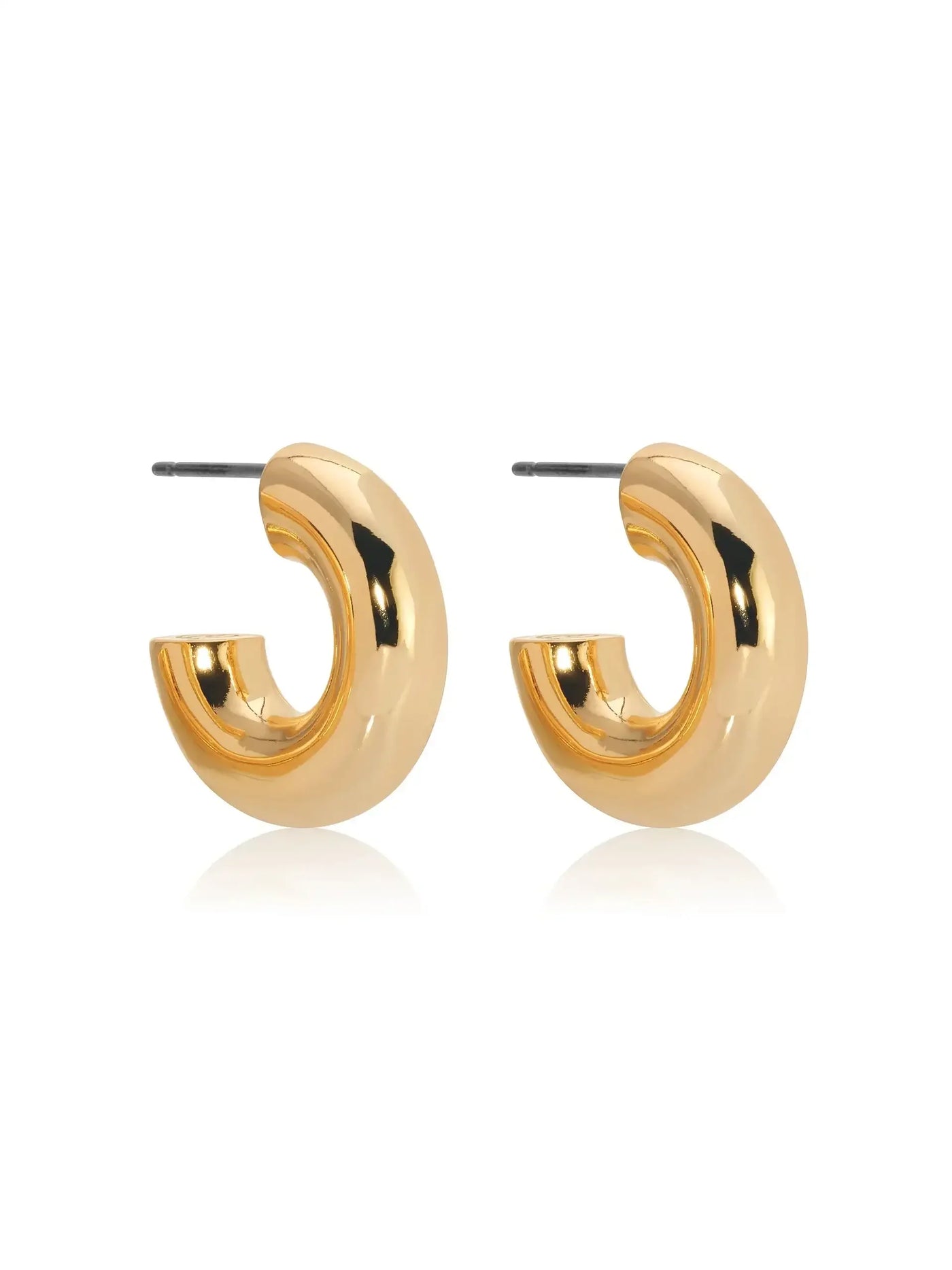 Gold hoop earrings are showcased, reflecting light with a shiny surface. They are positioned symmetrically against a white background, emphasizing their sleek and modern design.