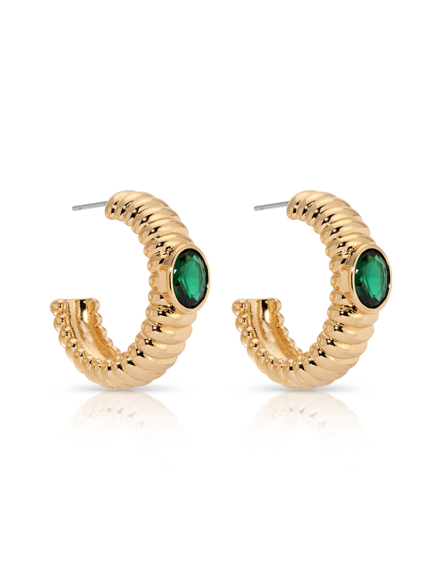 Ribbed Emerald Large Hoops