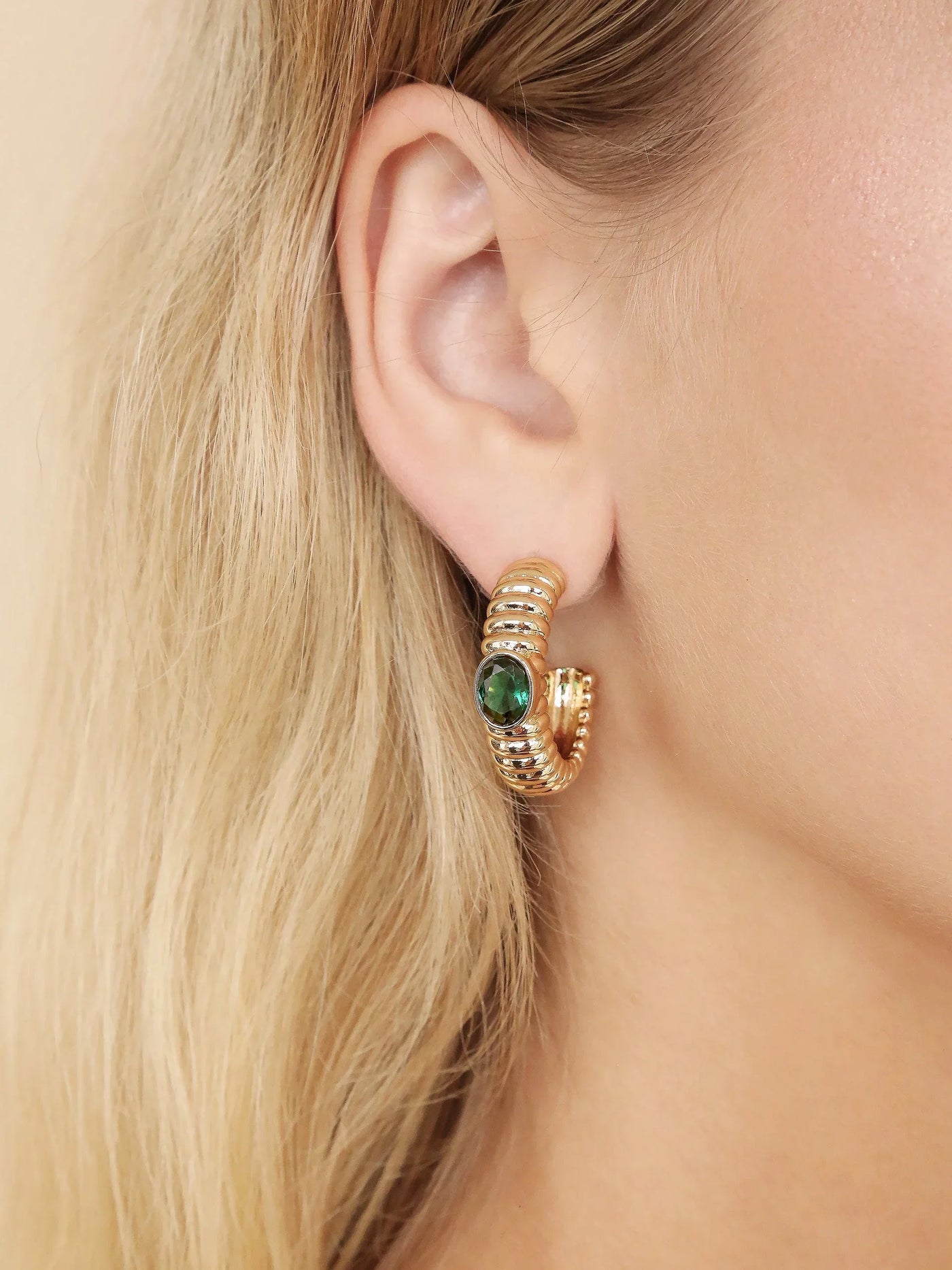 Ribbed Emerald Large Hoops