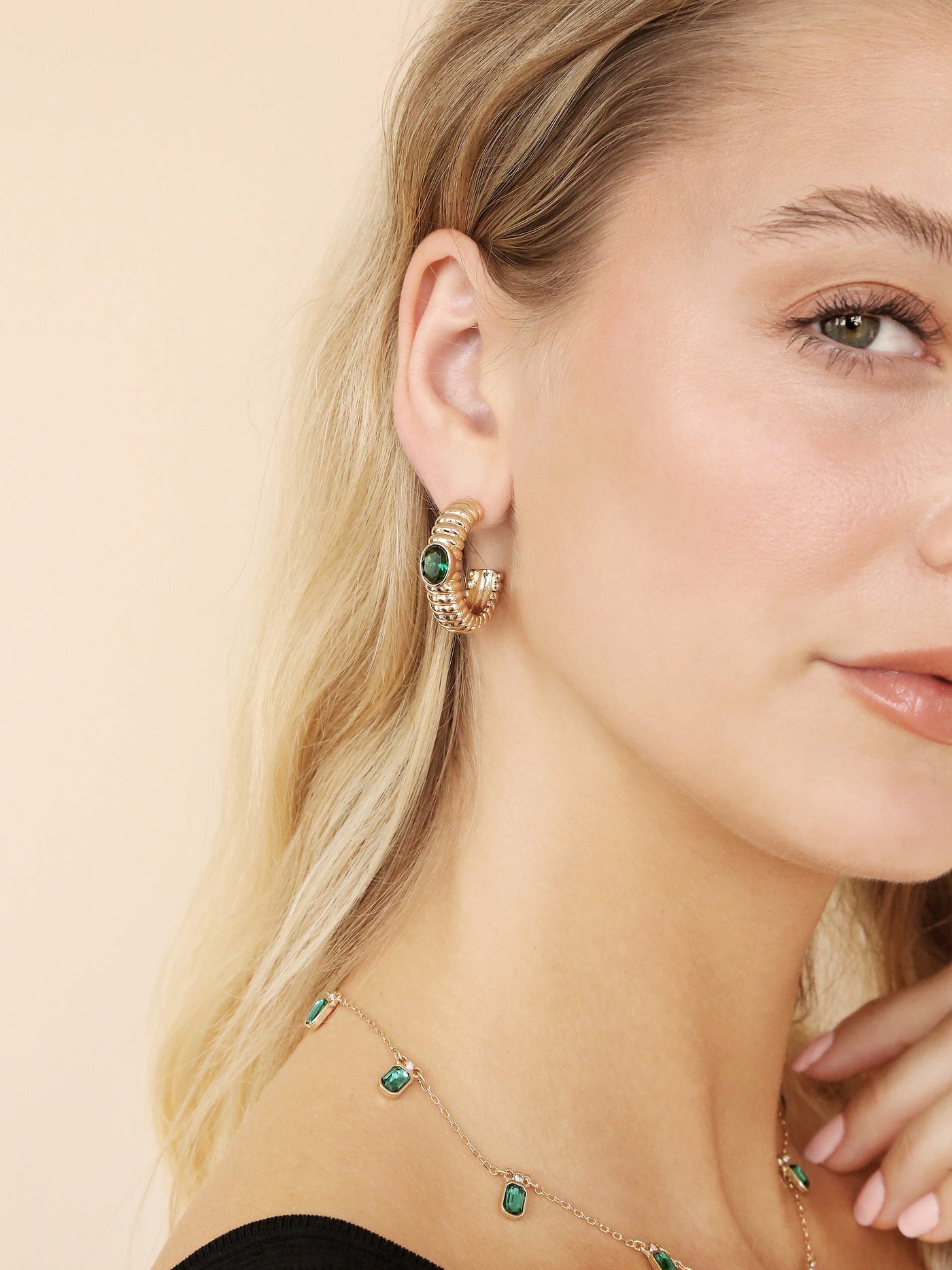 Ribbed Emerald Large Hoops