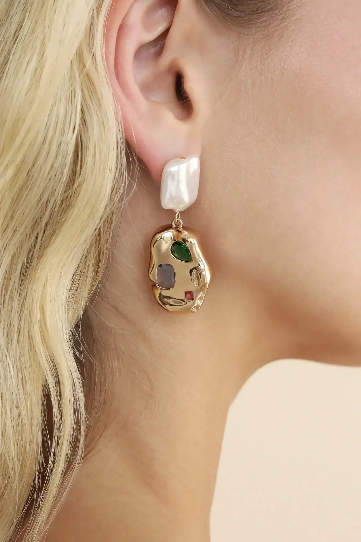 Rainbow Crystal Nugget & Pearl Earrings