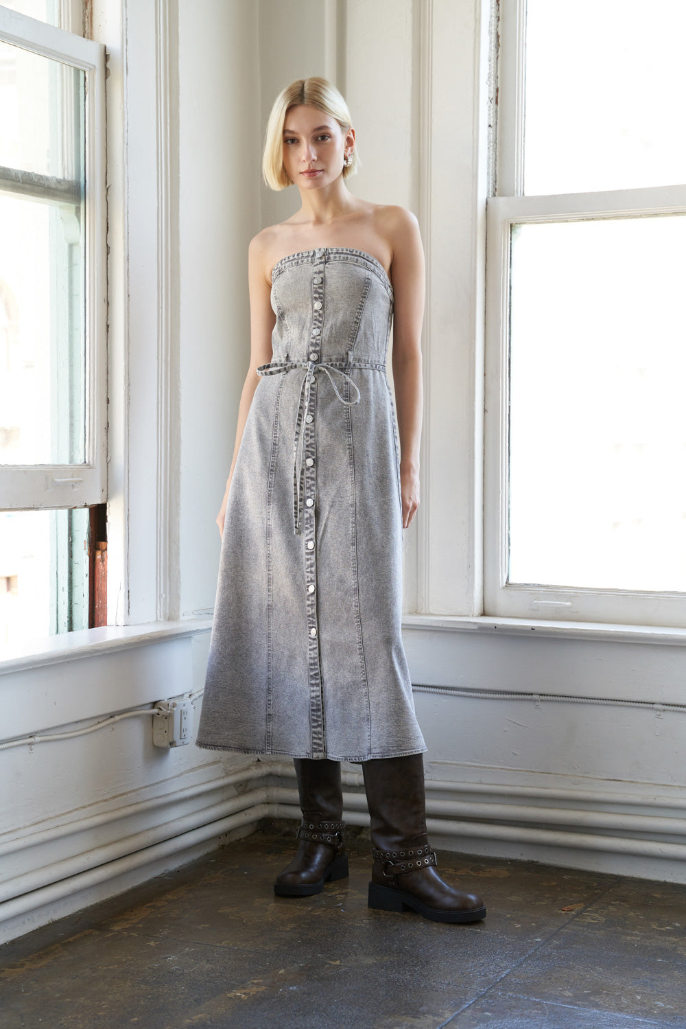 SECRET CRUSH - GREY - ACID WASH DENIM DRESS
