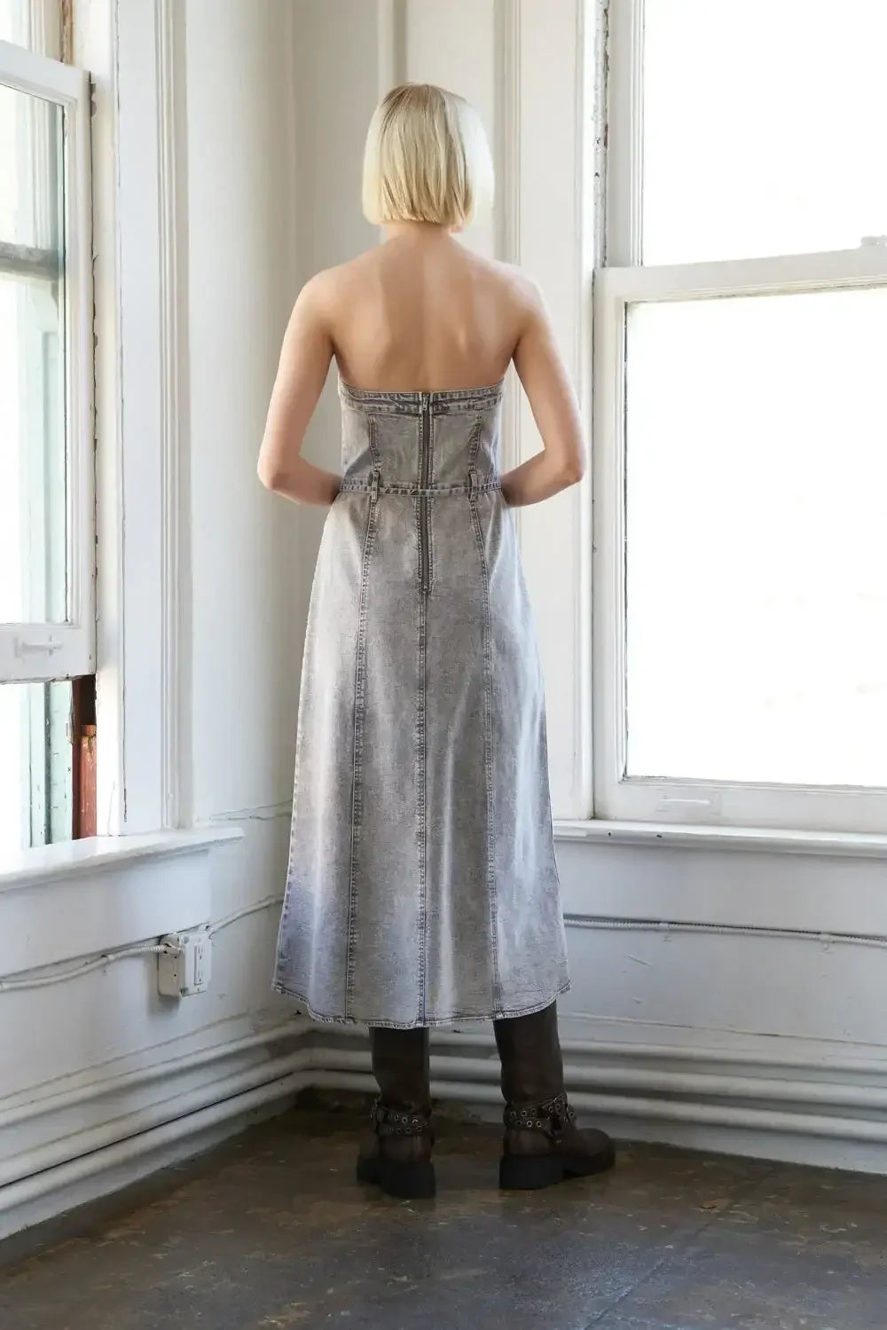 SECRET CRUSH - GREY - ACID WASH DENIM DRESS