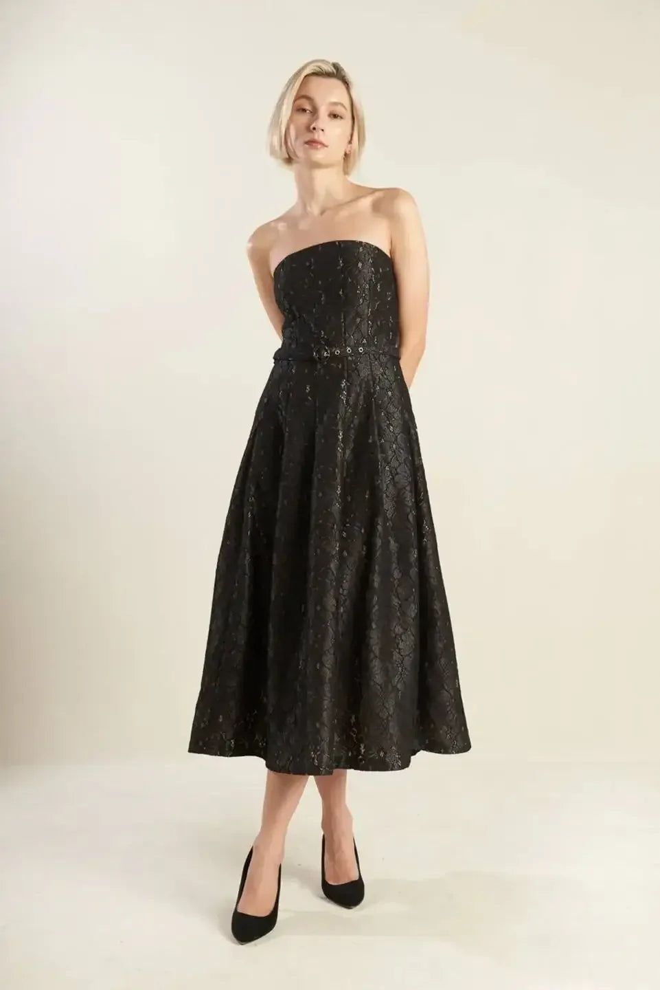 THE TRUTH IS STRAPLESS BLACK LACE MIDI DRESS