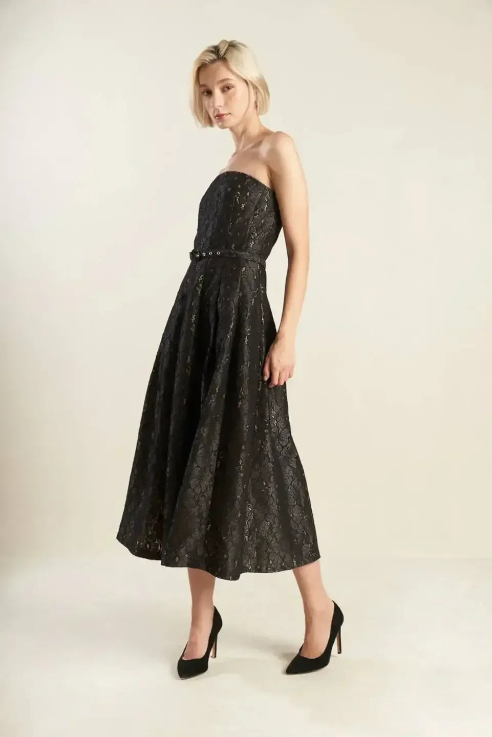 THE TRUTH IS STRAPLESS BLACK LACE MIDI DRESS