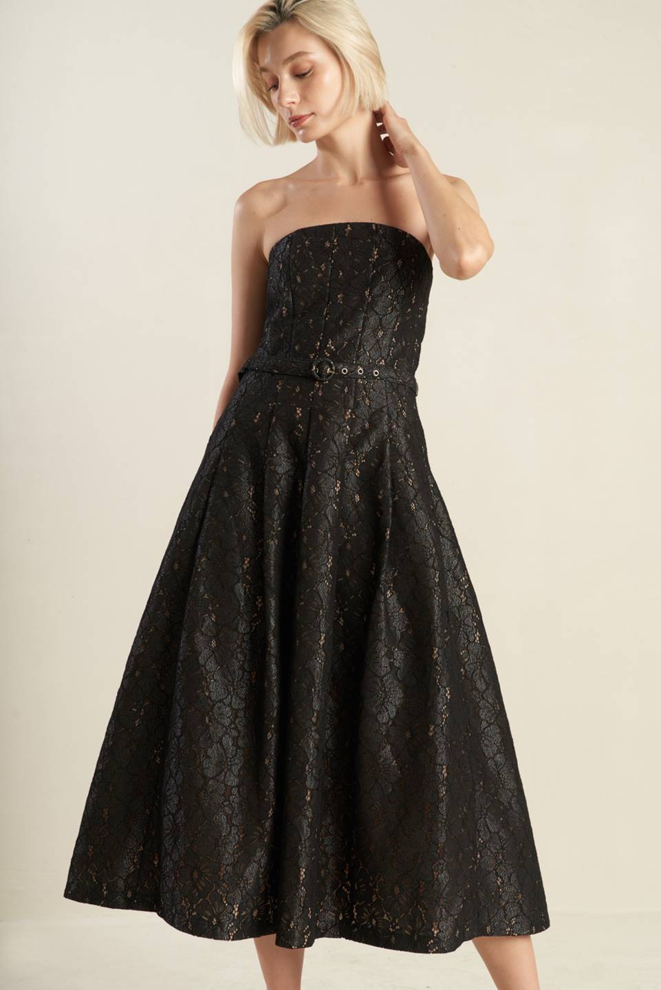 THE TRUTH IS STRAPLESS BLACK LACE MIDI DRESS