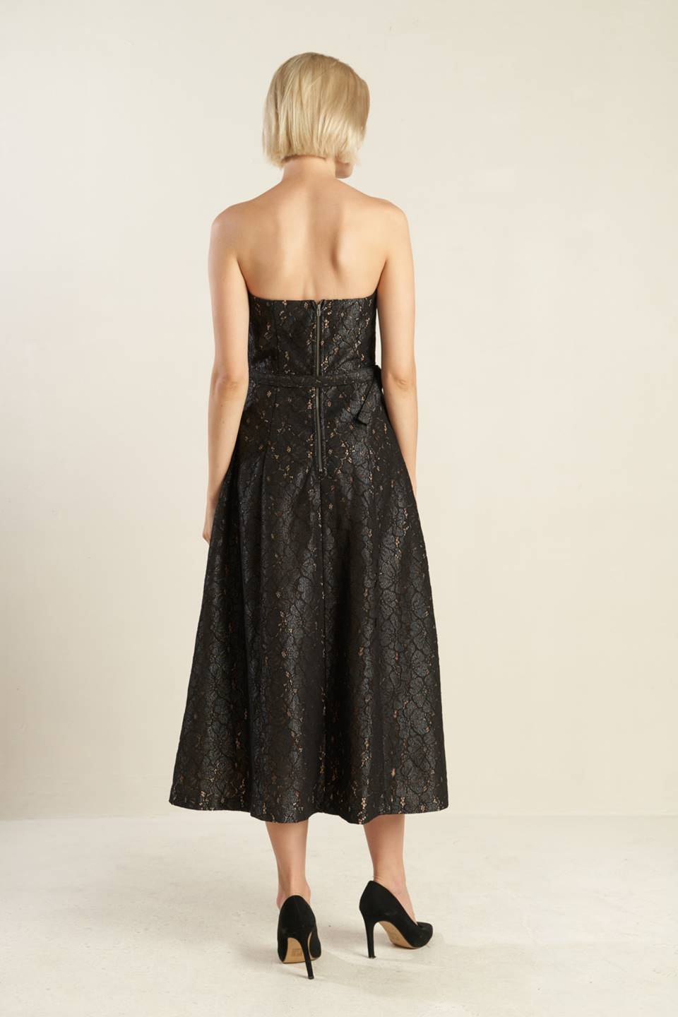 THE TRUTH IS STRAPLESS BLACK LACE MIDI DRESS