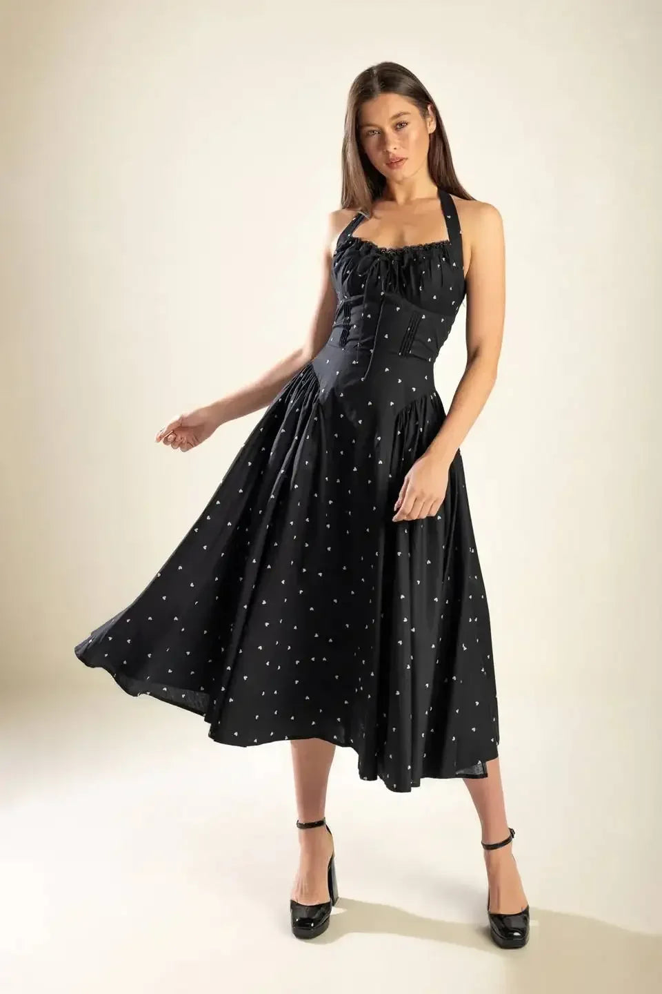 HEART PRINT HALTER DRESS - BLACK