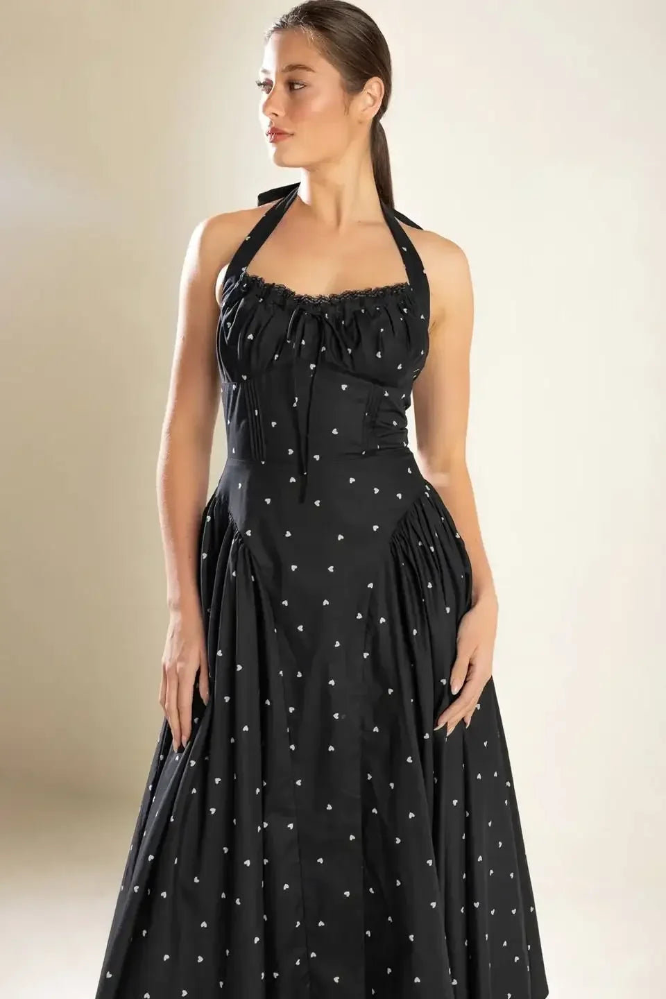 HEART PRINT HALTER DRESS - BLACK