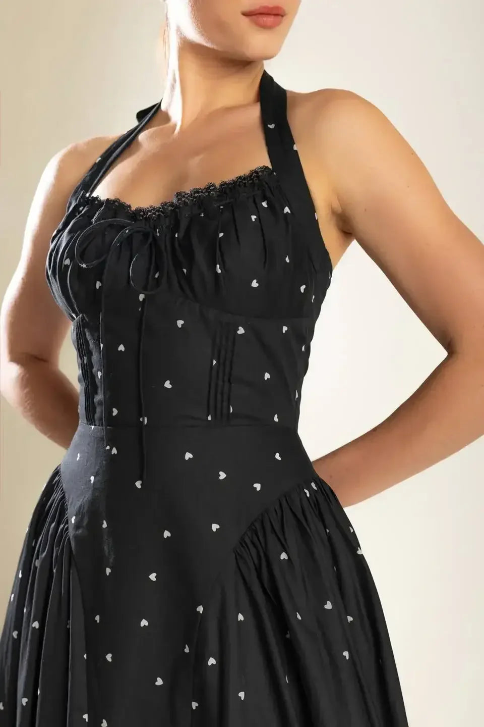 HEART PRINT HALTER DRESS - BLACK