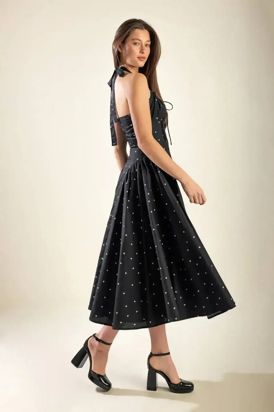 HEART PRINT HALTER DRESS - BLACK
