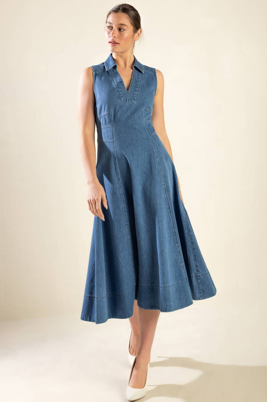 THE GENEVIEVE - SHIRT COLLAR DENIM MIDI DRESS