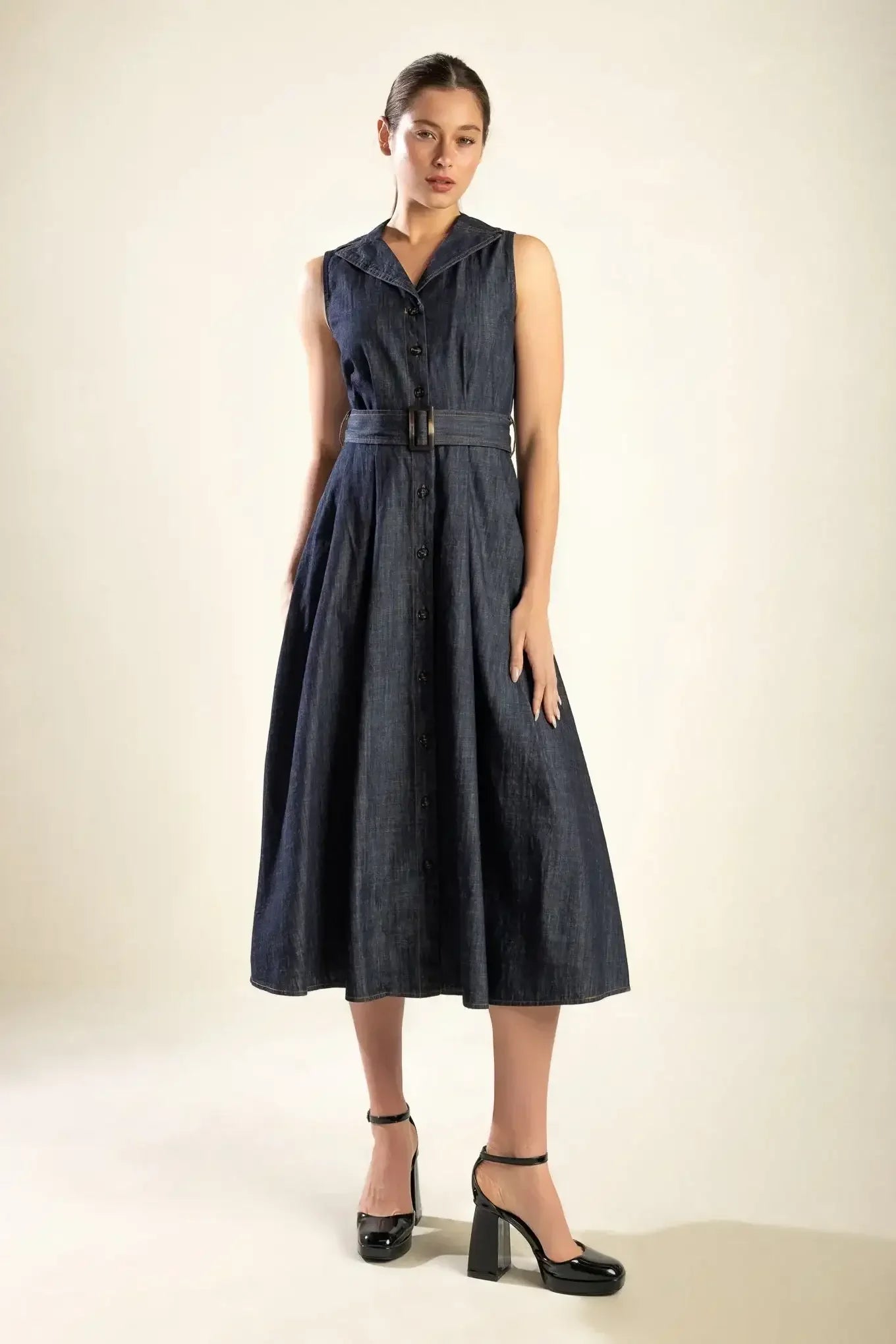 OASIS OF CALM - INDIGO - A-LINE DENIM MIDI DRESS