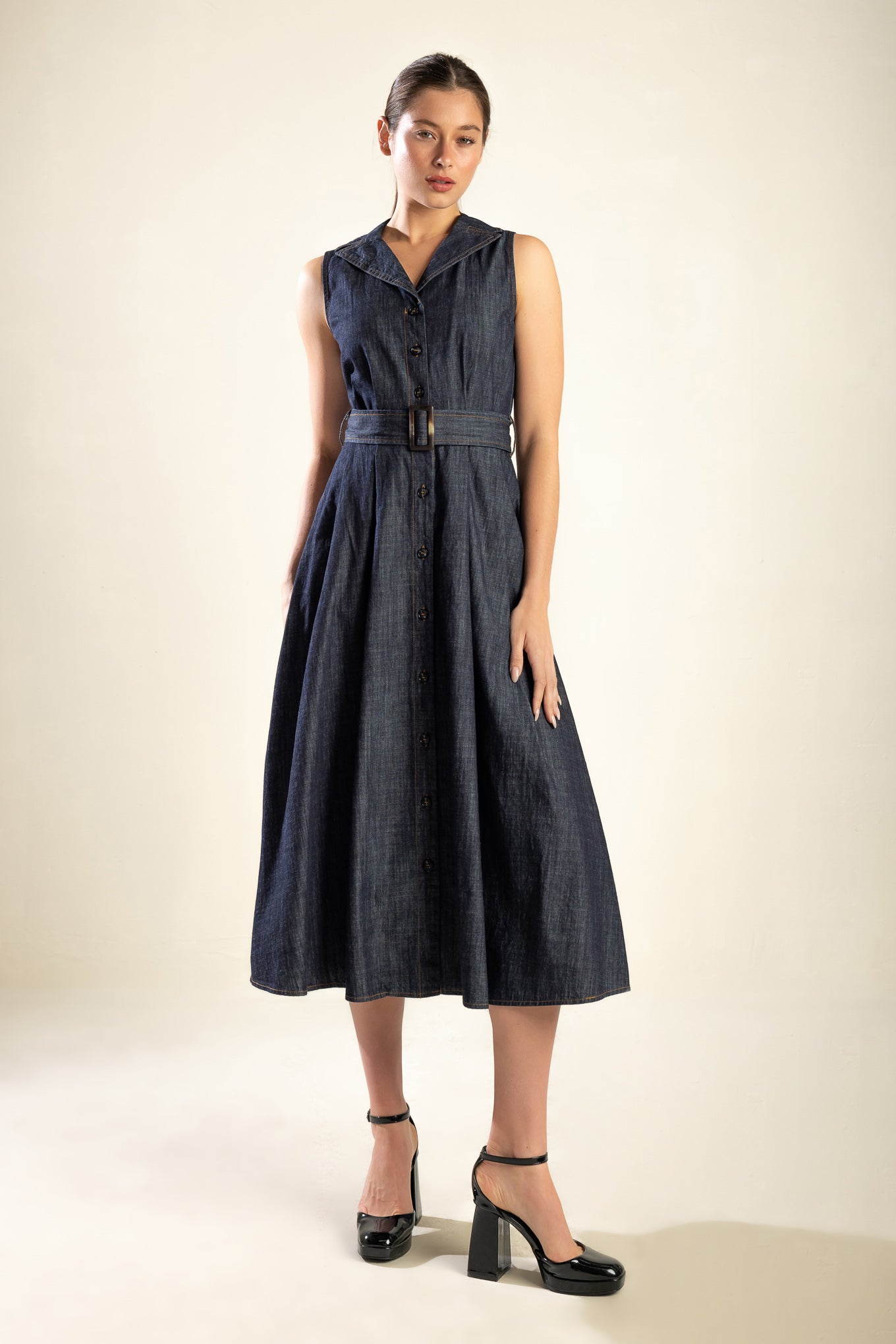 OASIS OF CALM - INDIGO - A-LINE DENIM MIDI DRESS