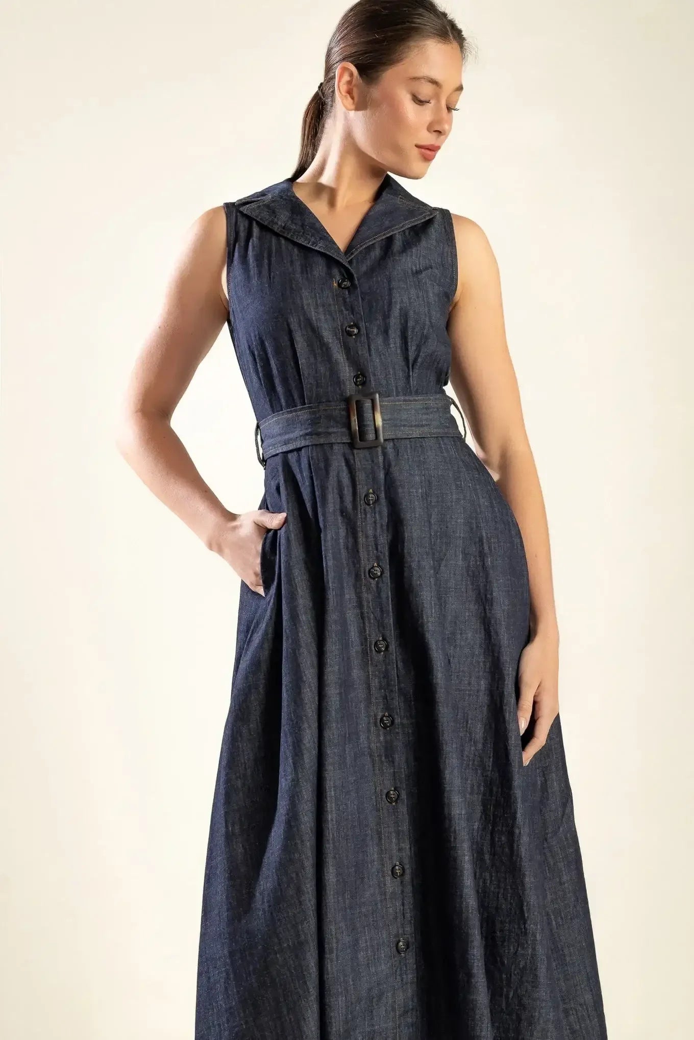 OASIS OF CALM - INDIGO - A-LINE DENIM MIDI DRESS