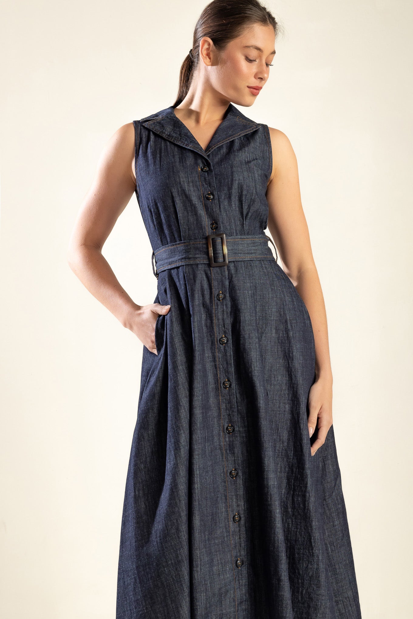 OASIS OF CALM - INDIGO - A-LINE DENIM MIDI DRESS