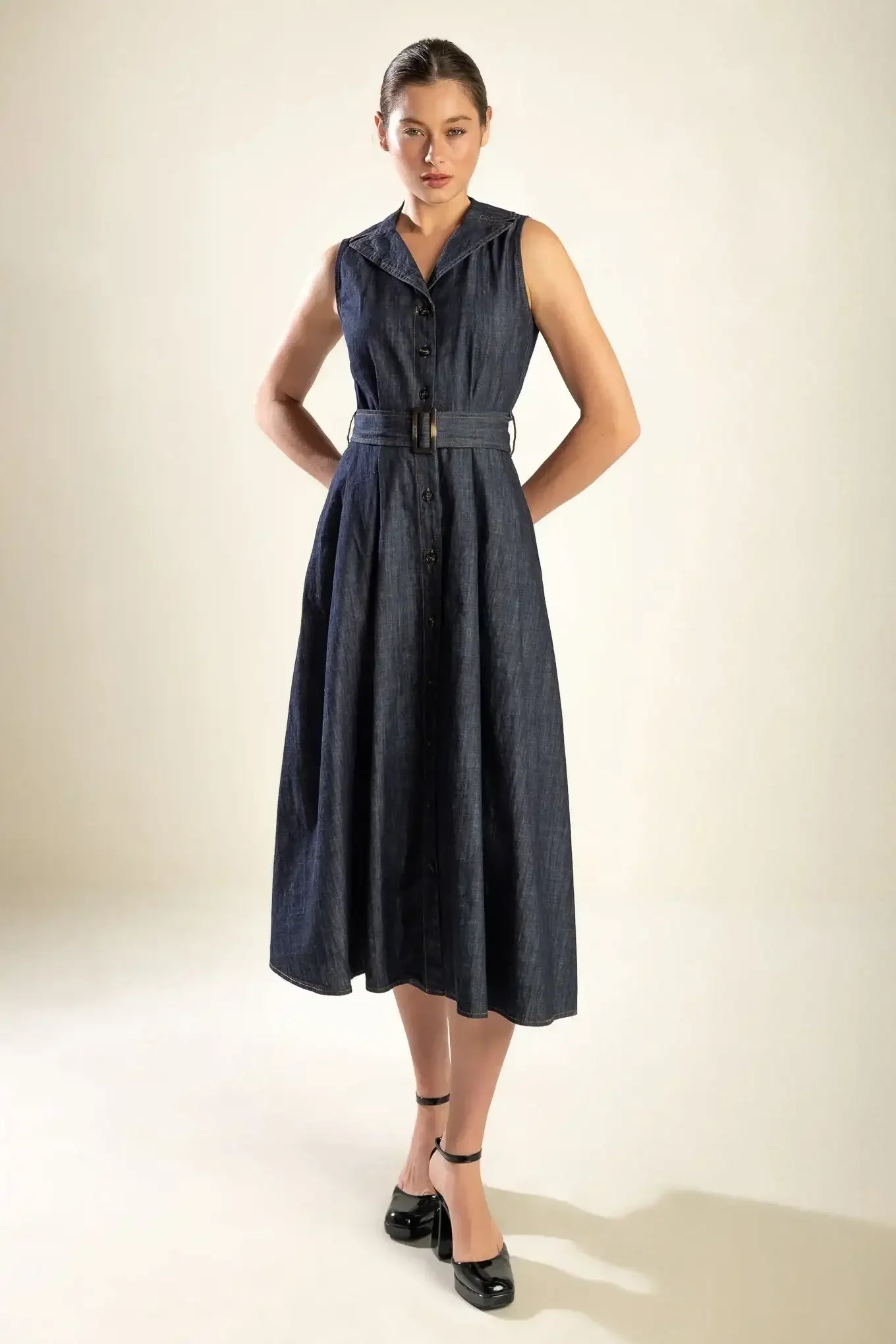 OASIS OF CALM - INDIGO - A-LINE DENIM MIDI DRESS
