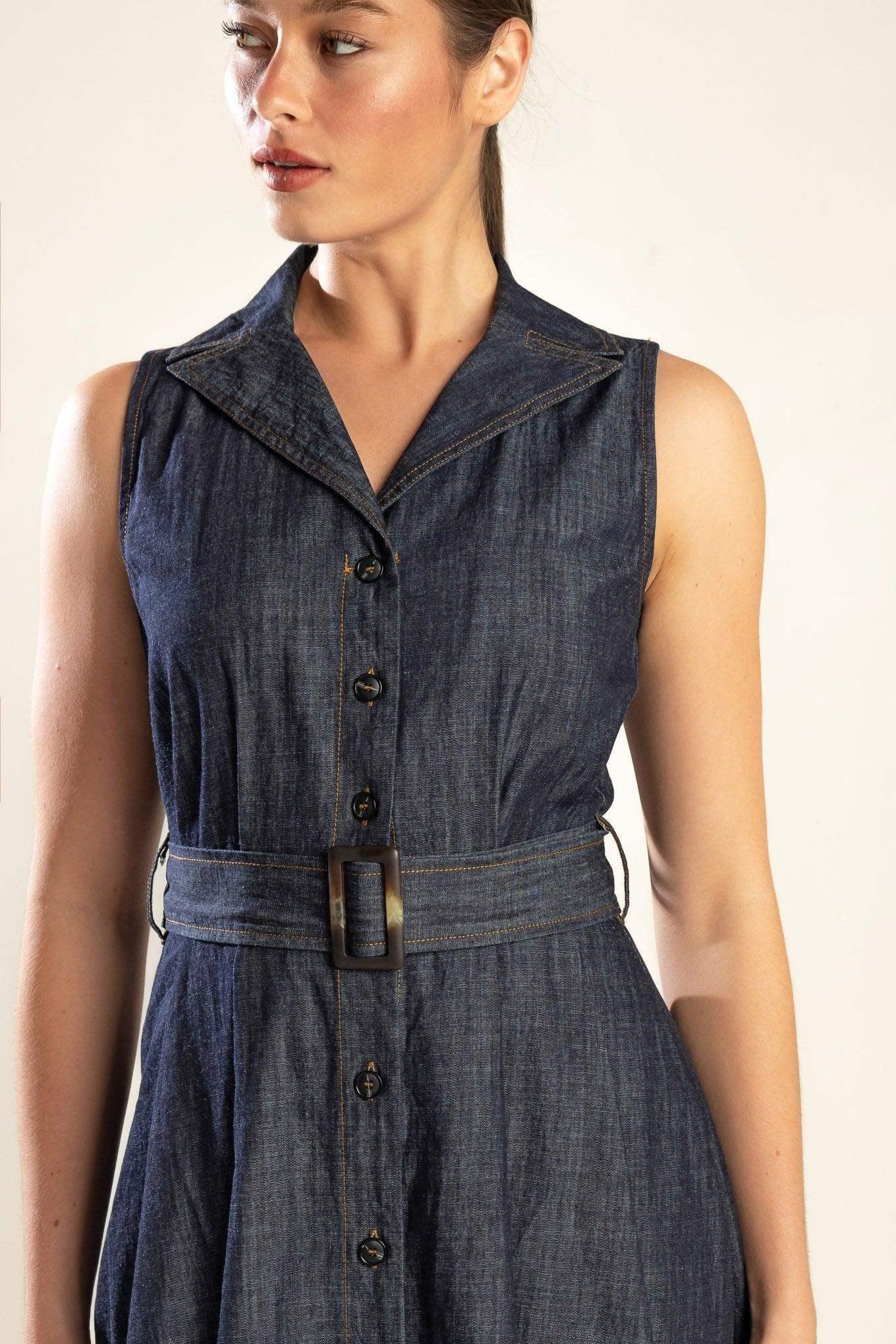 OASIS OF CALM - INDIGO - A-LINE DENIM MIDI DRESS
