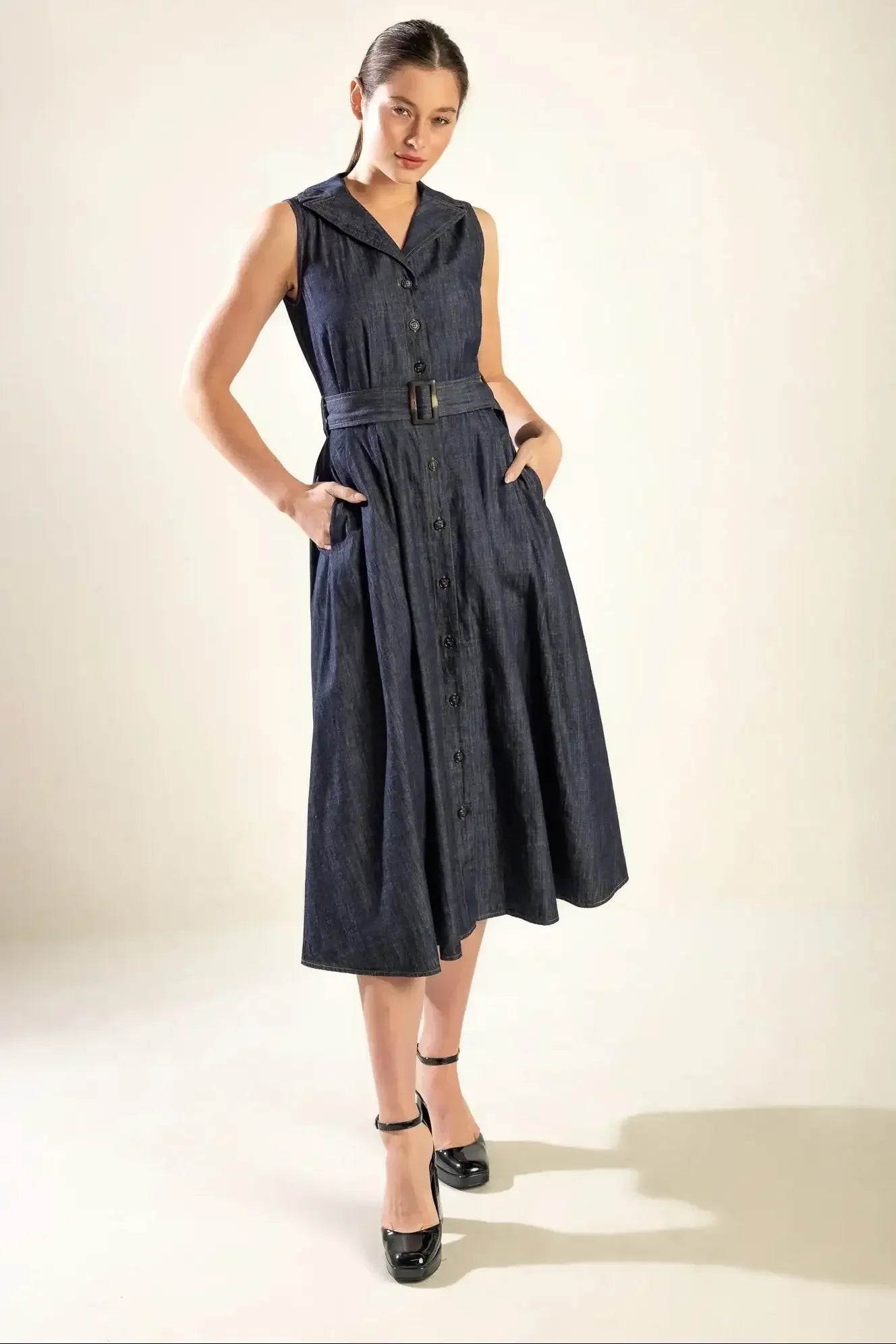 OASIS OF CALM - INDIGO - A-LINE DENIM MIDI DRESS