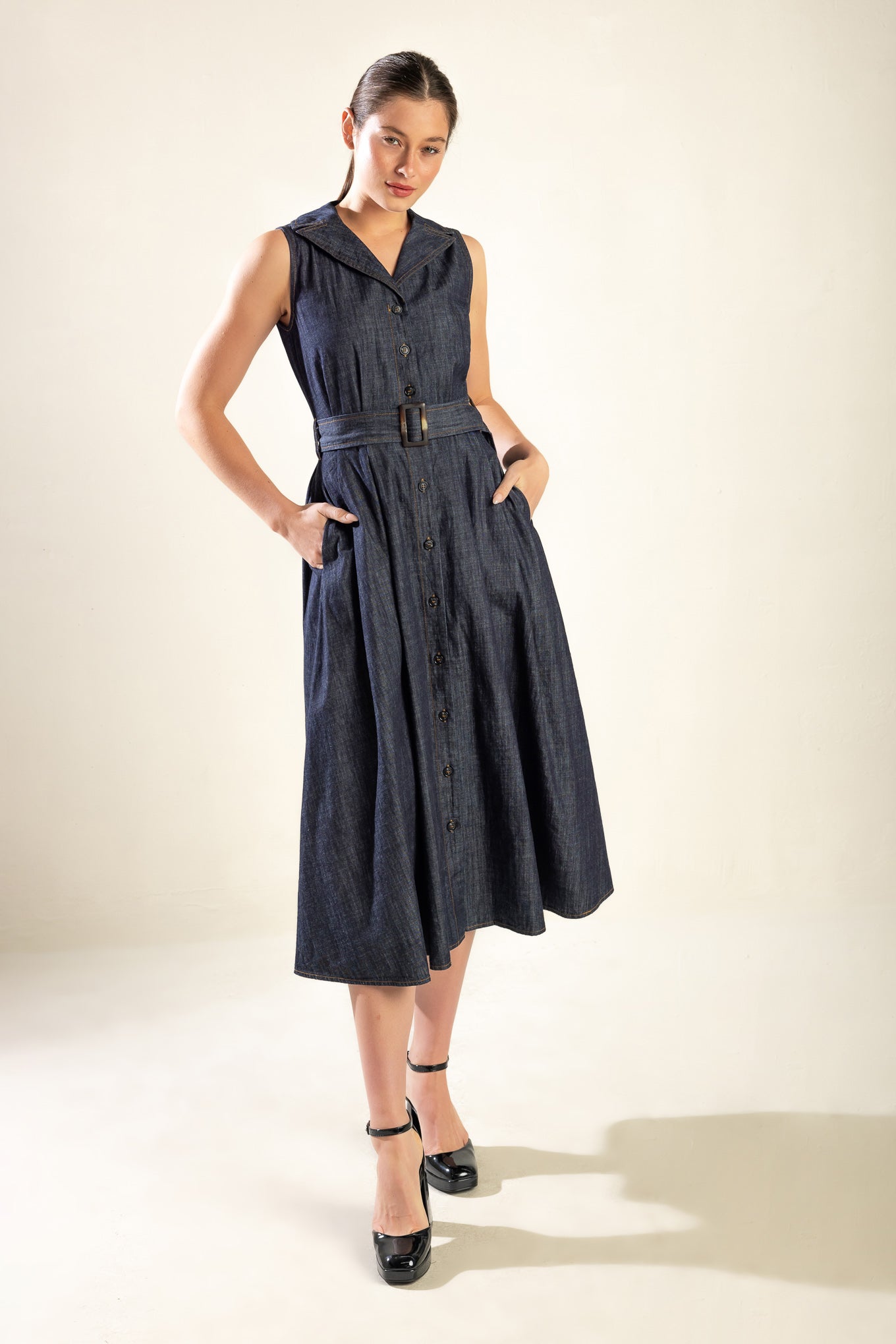 OASIS OF CALM - INDIGO - A-LINE DENIM MIDI DRESS