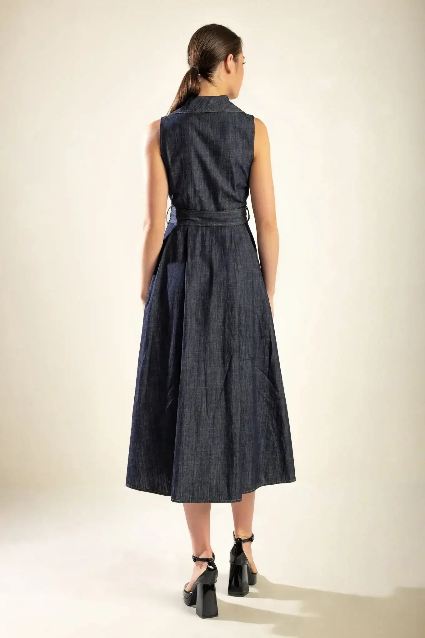 OASIS OF CALM - INDIGO - A-LINE DENIM MIDI DRESS