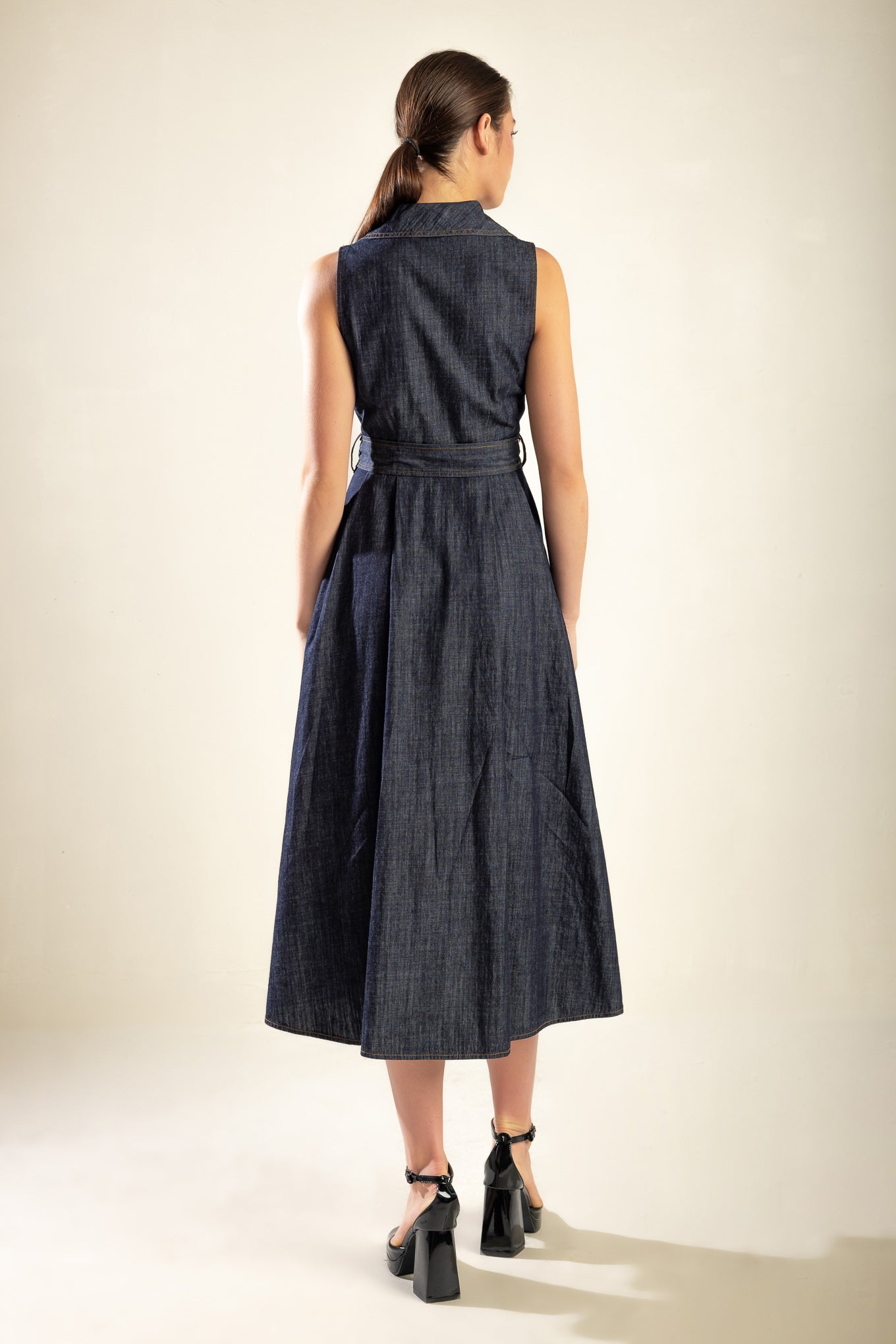 OASIS OF CALM - INDIGO - A-LINE DENIM MIDI DRESS