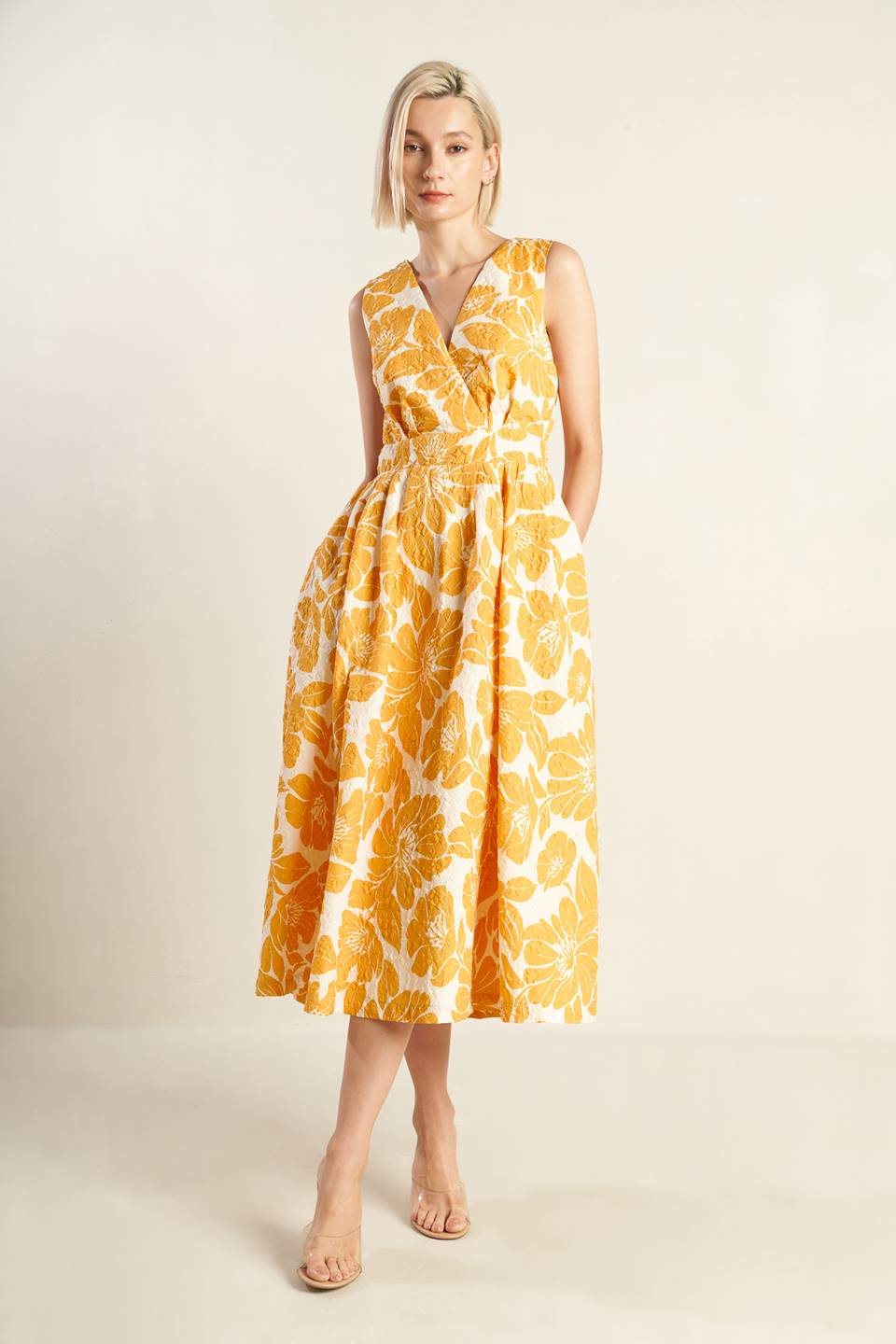 BOLD BLOOMS MUSTARD YELLOW MIDI DRESS Lady Black Tie