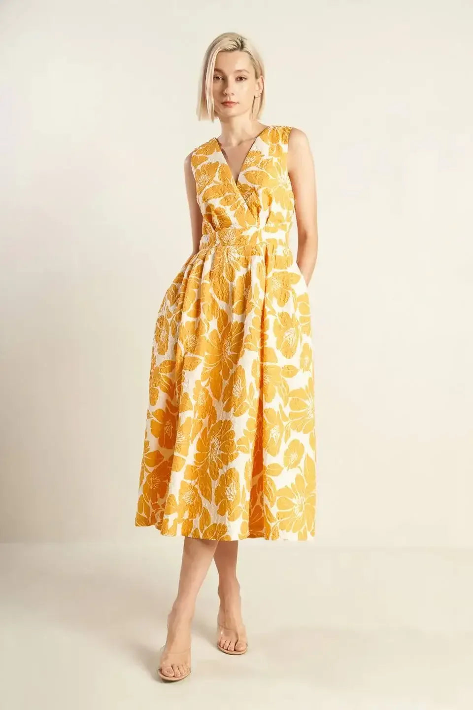 BOLD BLOOMS - MUSTARD YELLOW MIDI DRESS