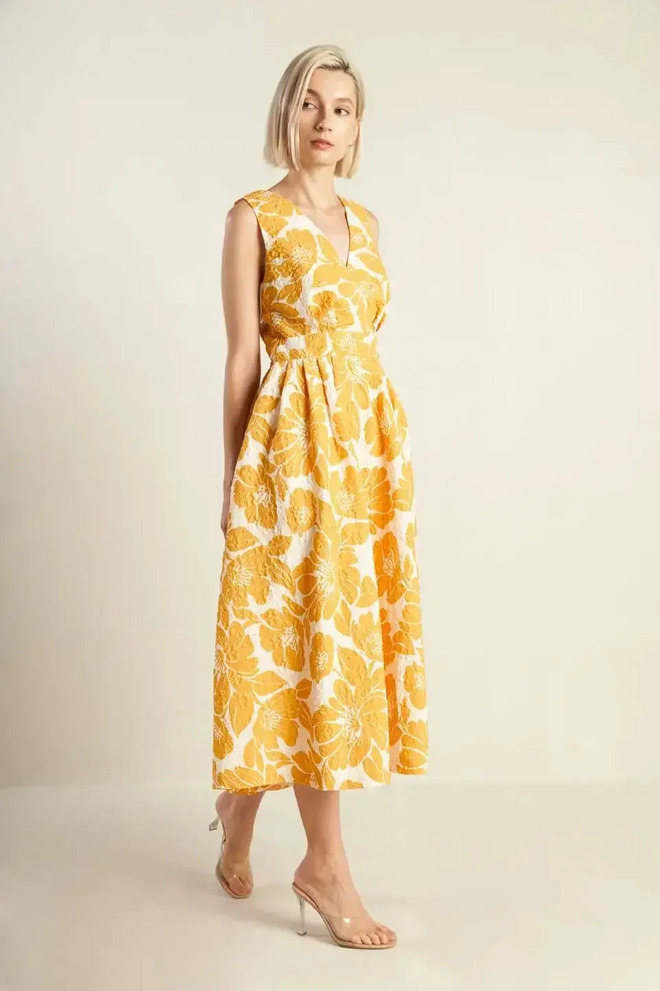 BOLD BLOOMS - MUSTARD YELLOW MIDI DRESS