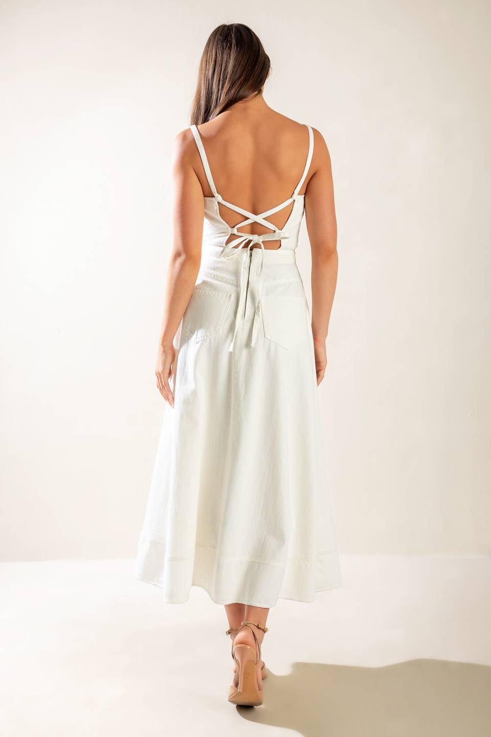 LET'S GO FOR A WALK - WHITE - LACE UP BACK MIDI DRESS