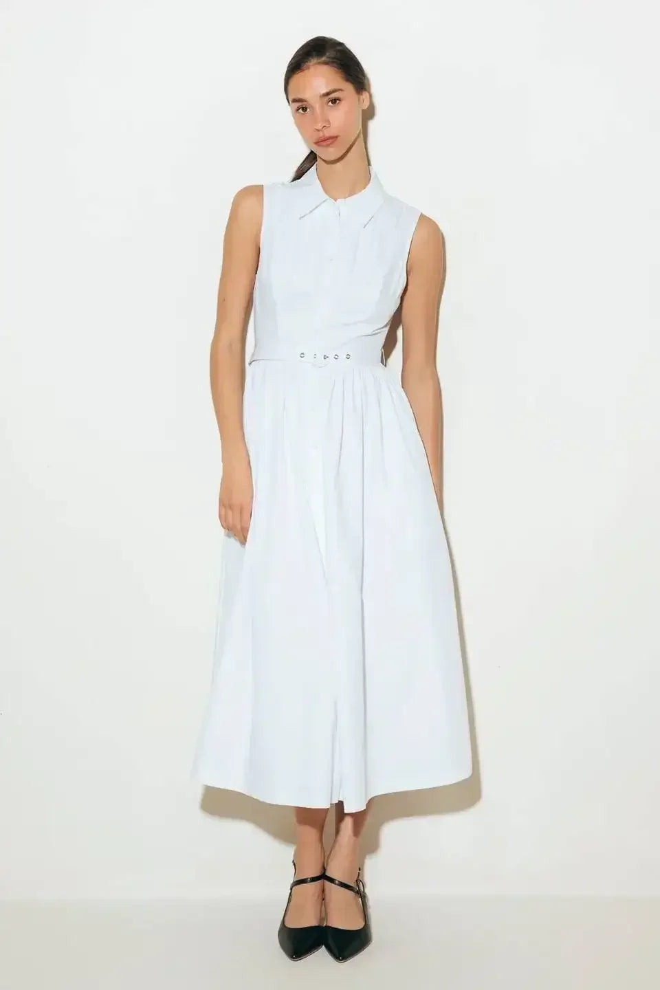 NORTH EAST MIDI - White Cotton Pintuck Midi Shirt Dress