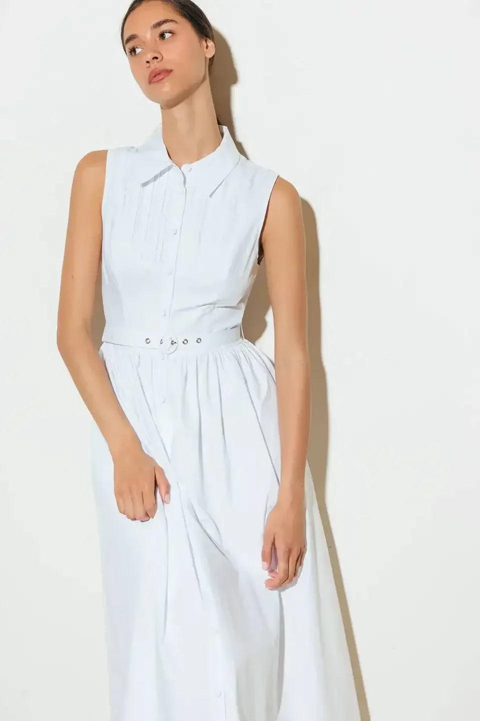 NORTH EAST MIDI - White Cotton Pintuck Midi Shirt Dress