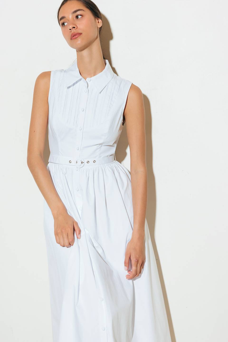 NORTH EAST MIDI - White Cotton Pintuck Midi Shirt Dress