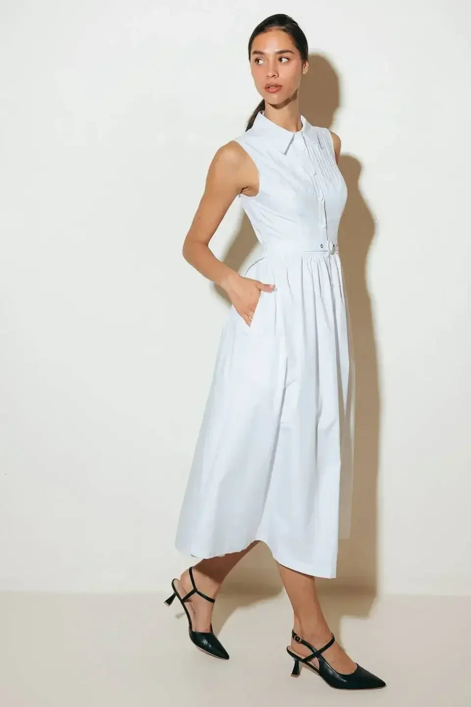 NORTH EAST MIDI - White Cotton Pintuck Midi Shirt Dress