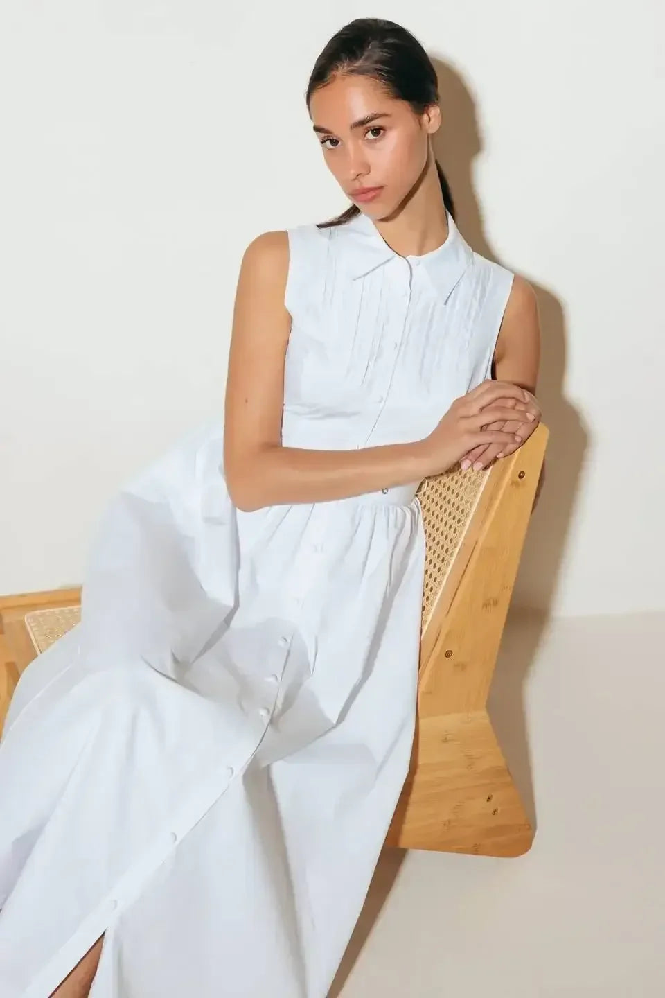 NORTH EAST MIDI - White Cotton Pintuck Midi Shirt Dress