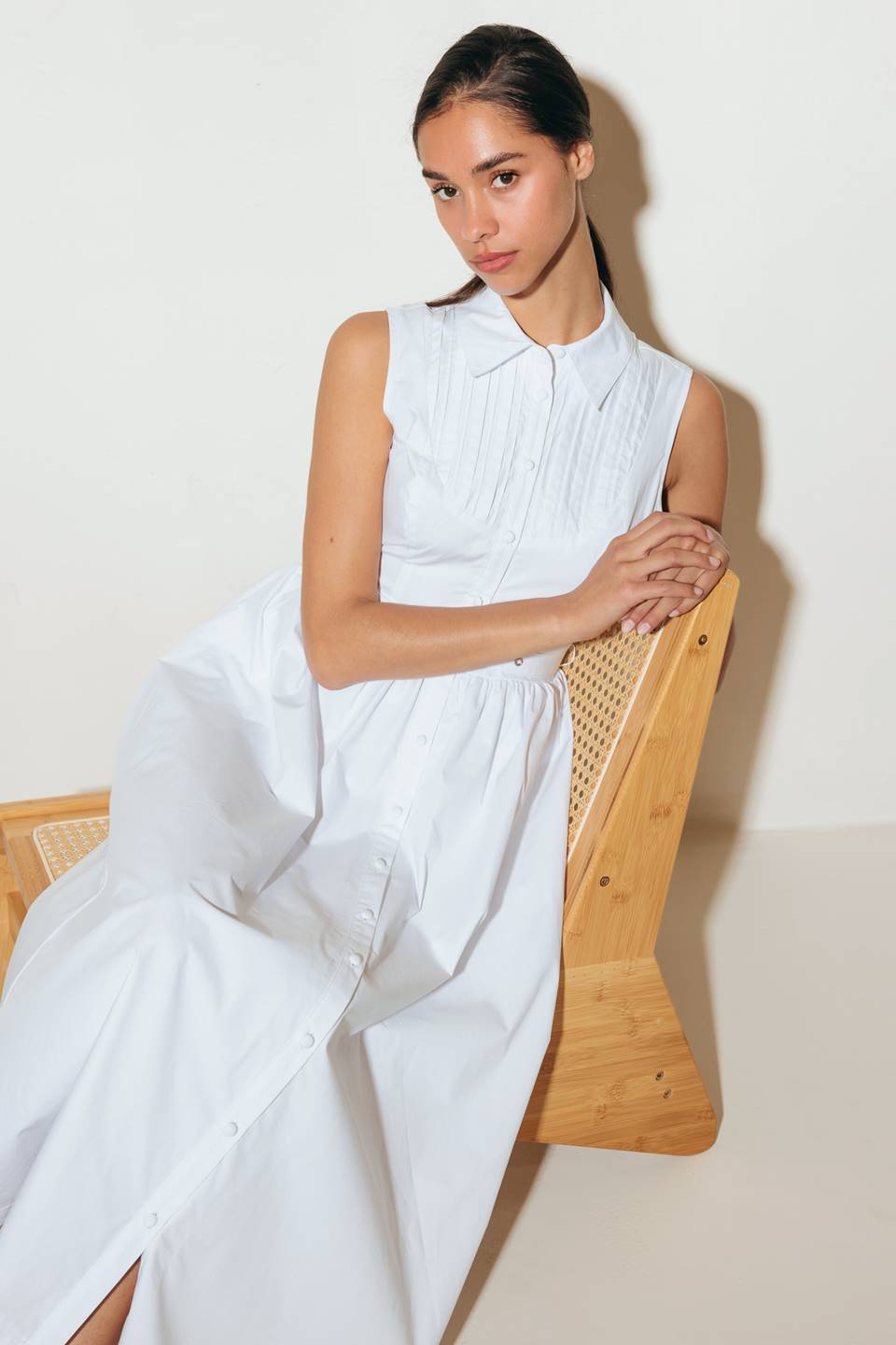 NORTH EAST MIDI - White Cotton Pintuck Midi Shirt Dress