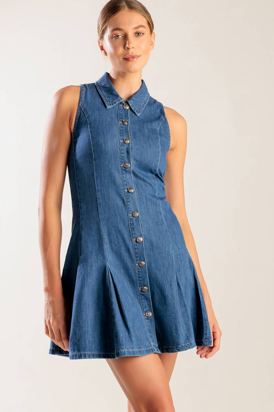 WHERE I WANT TO BE - BUTTON FRONT DENIM MINI DRESS